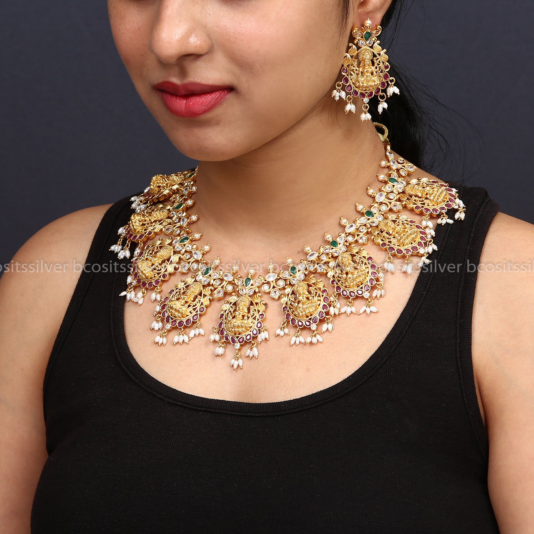 925 Silver Astalakshmi Necklace with Earring - 0955