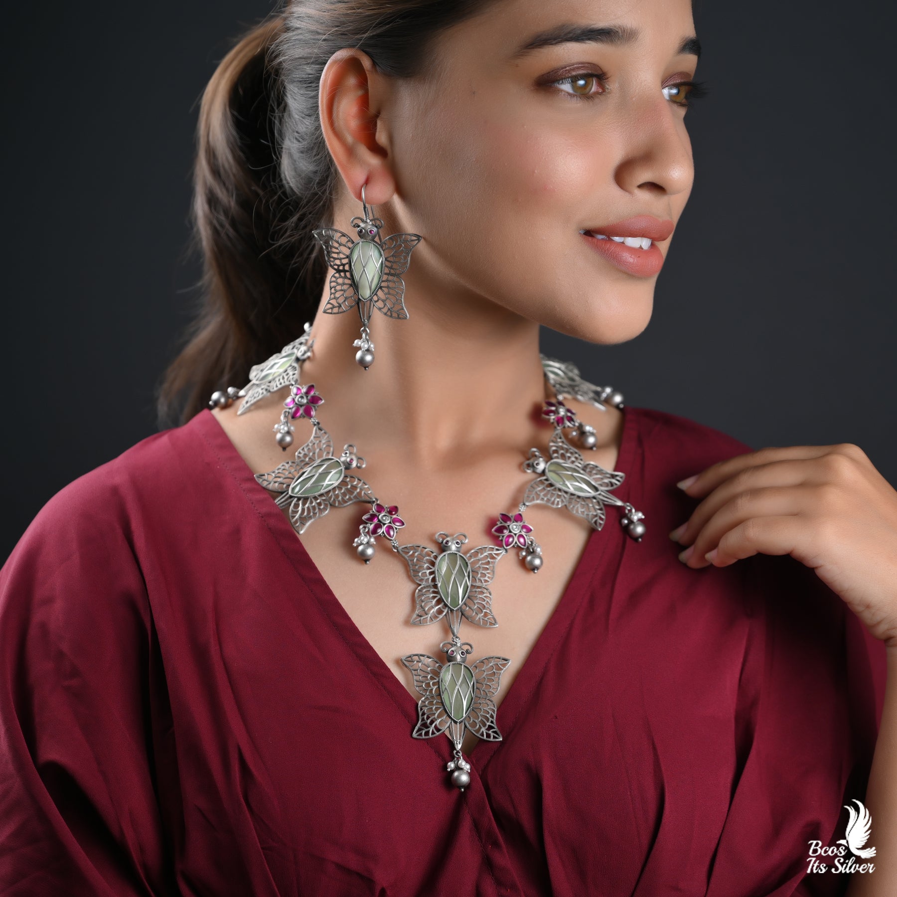 925 Oxidized Butterfly Necklace set - 2740