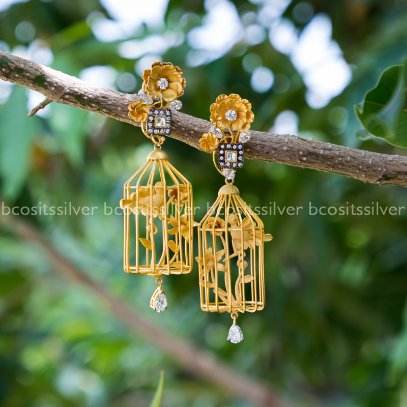 925 Silver Gold Plated Bird Cage Earring - 1026