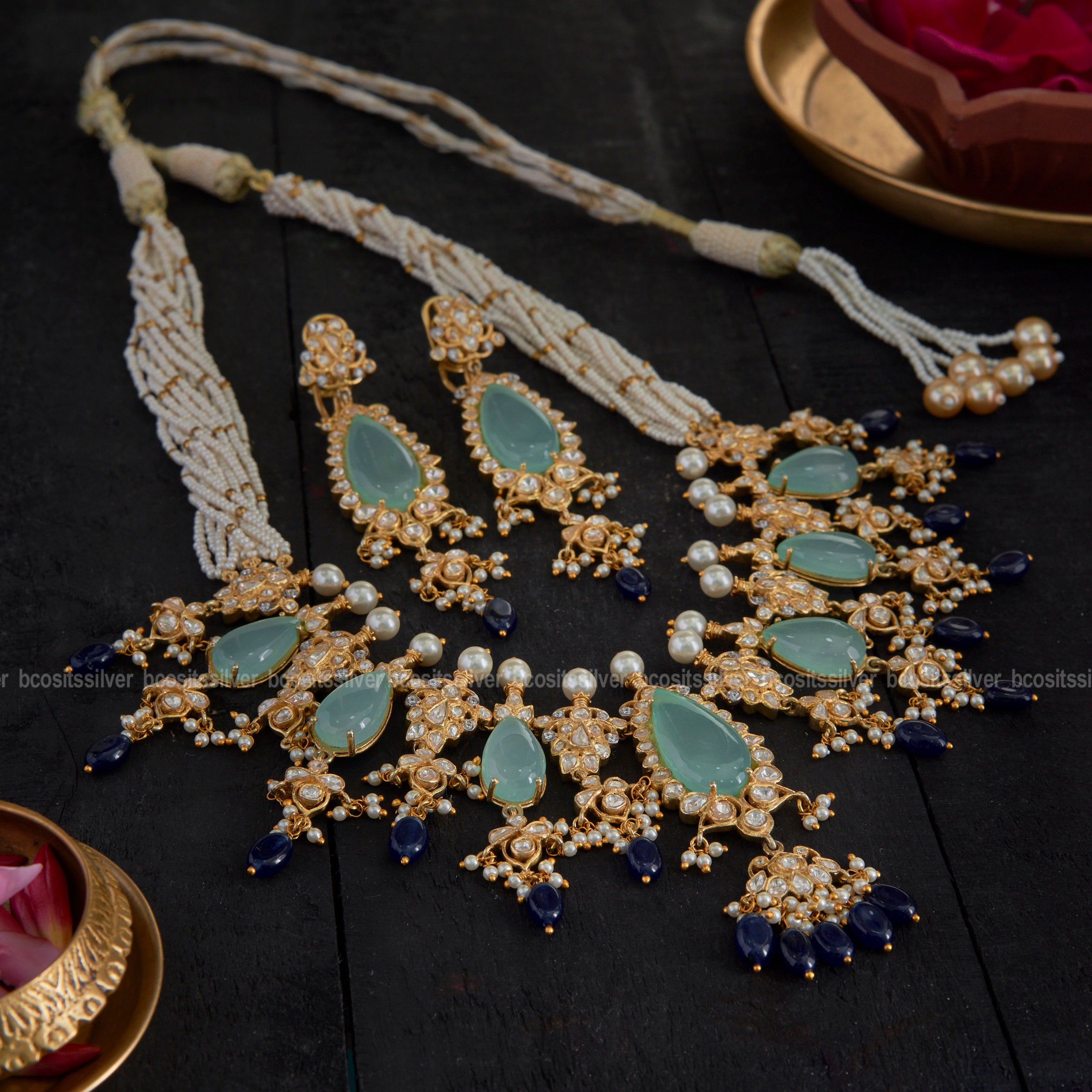 925 Silver Gold Plated Haram with Earring - 5802