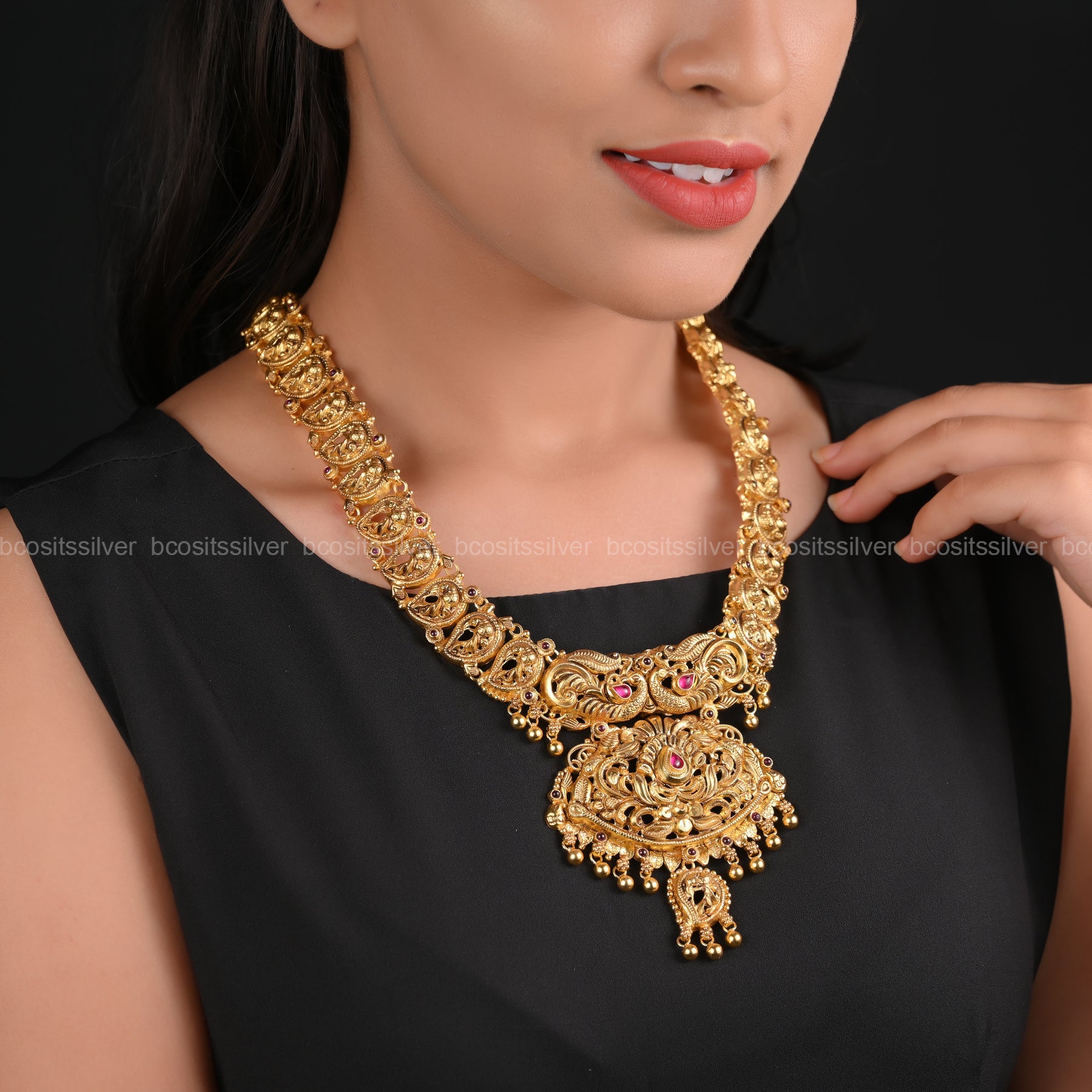 925 Silver Gold Plated Mango Peacock Nakshi Haram - 6319