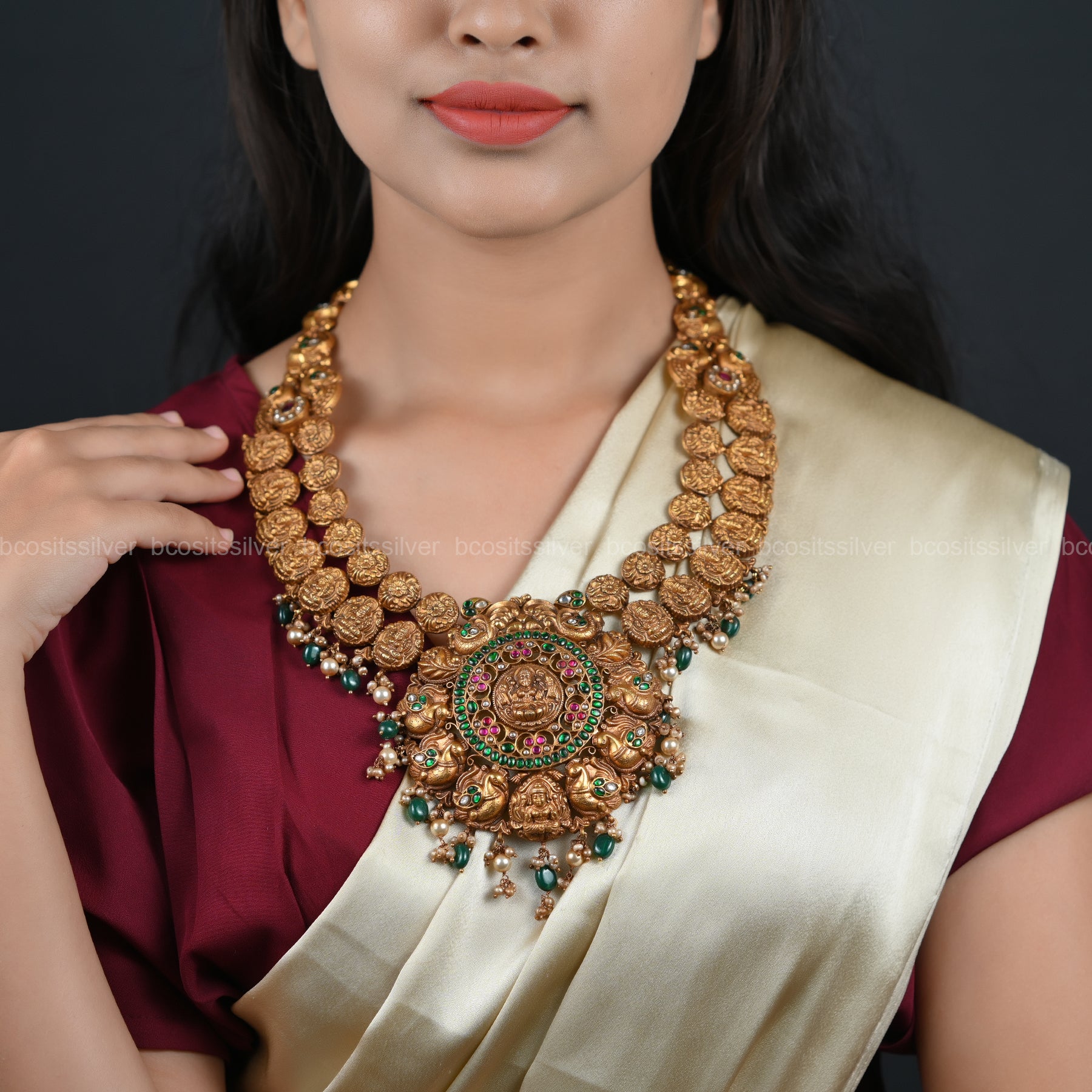 925 Silver Gold Plated Santripti - Navilu Kundan Haram - 6556