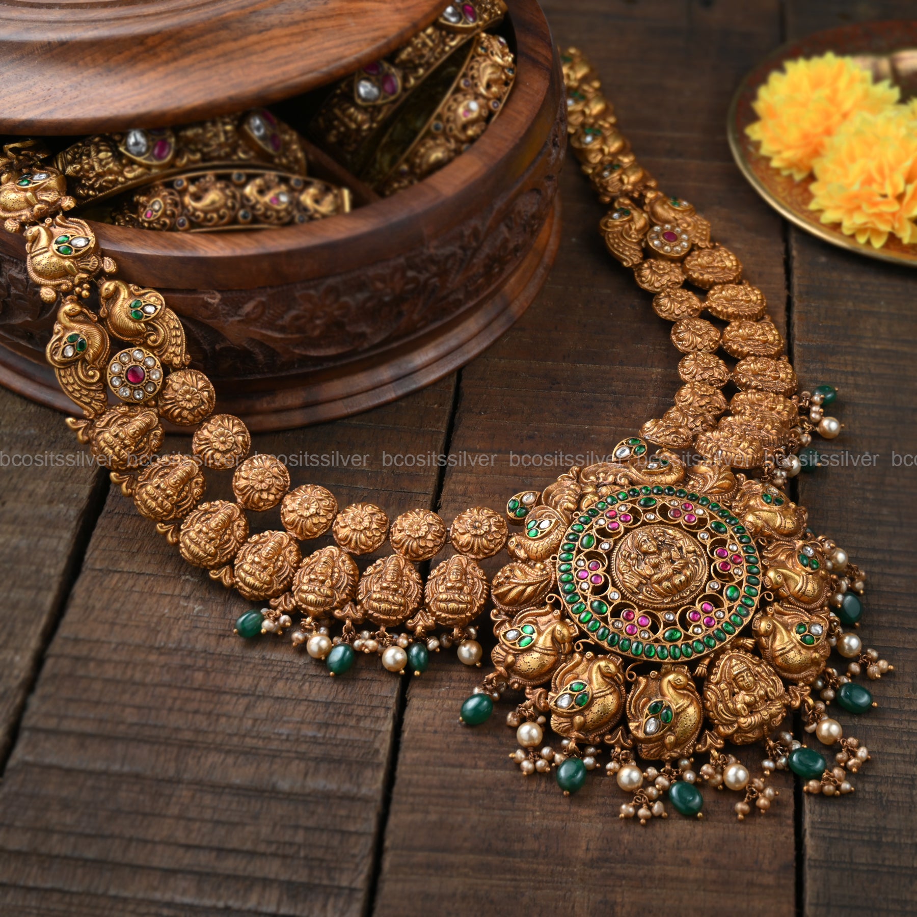 925 Silver Gold Plated Santripti - Navilu Kundan Haram - 6556