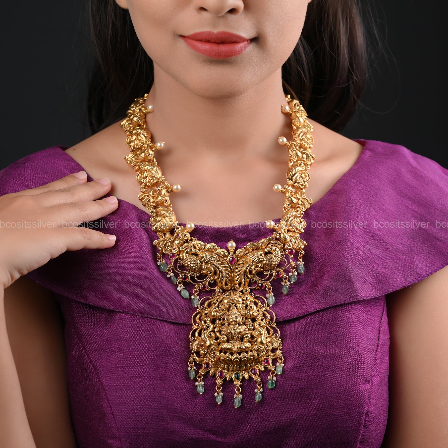 925 Silver Lakshmi & Peacock Nakshi Haram - 6312