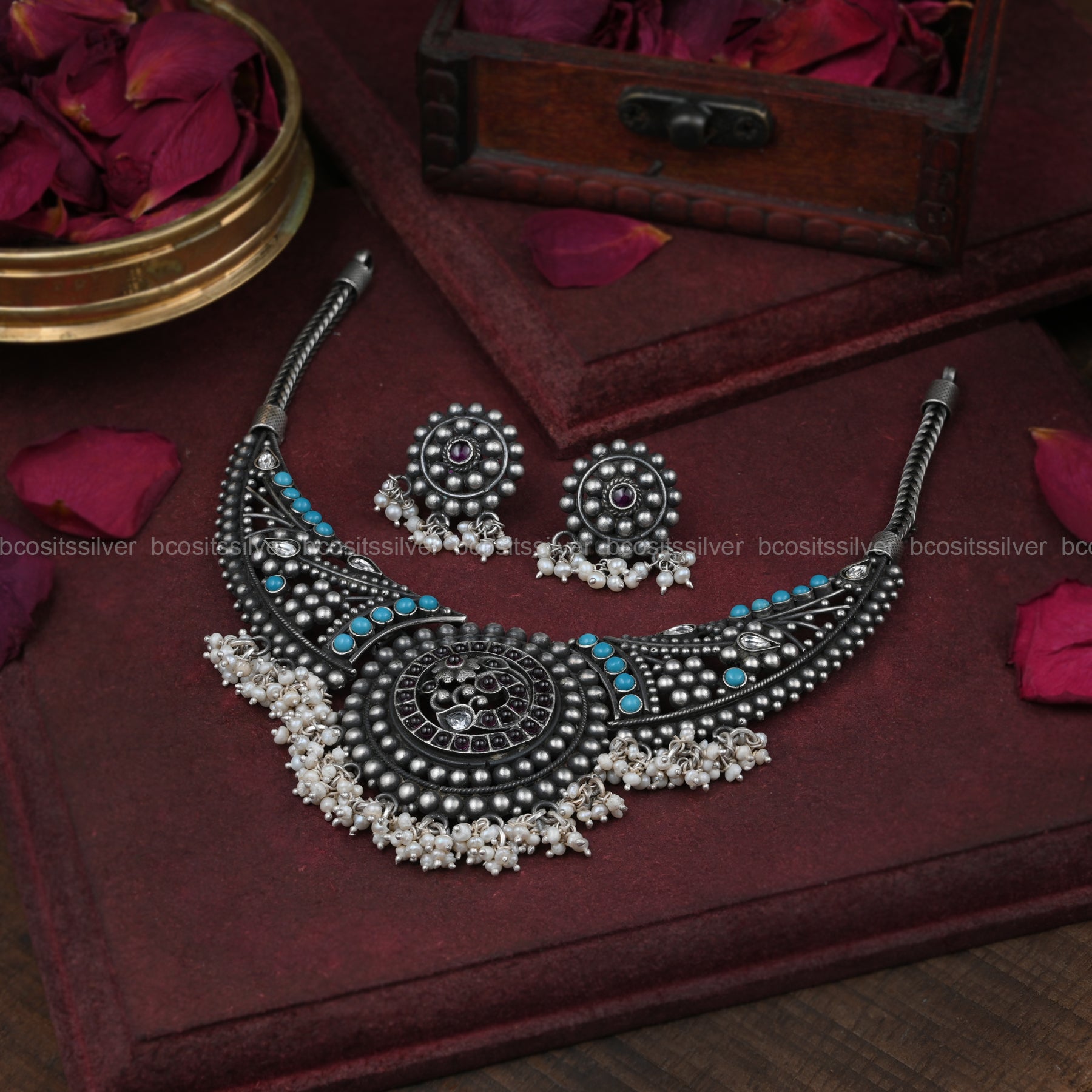 925 Silver Oxidized Turquoise Necklace Set - 4452