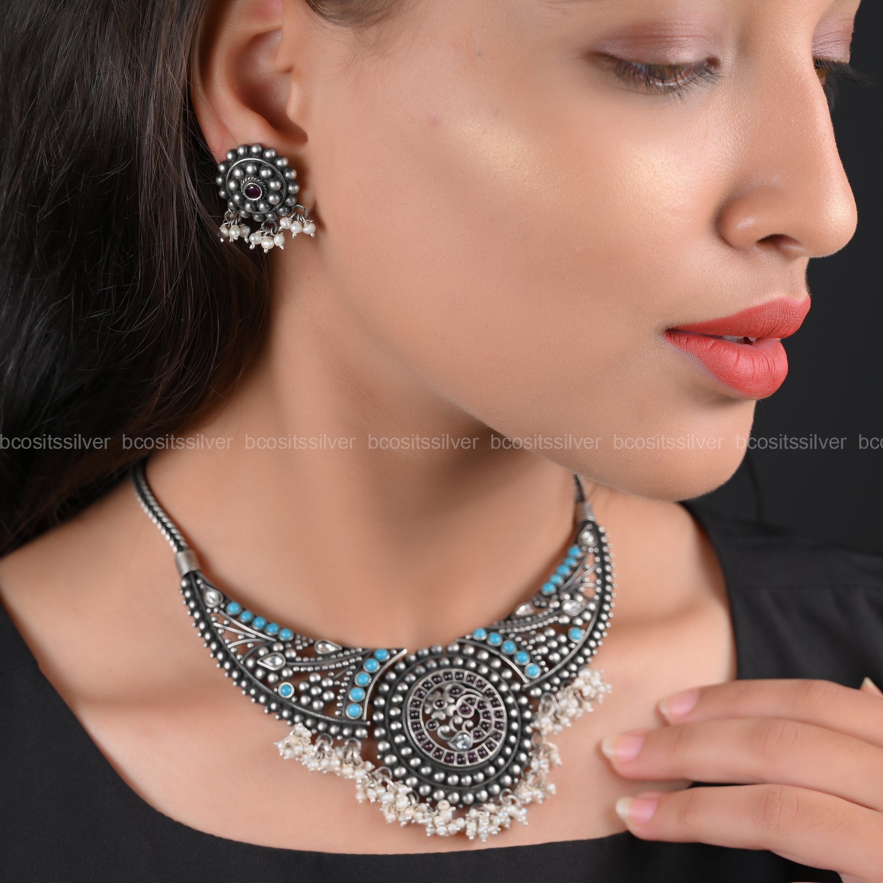 925 Silver Oxidized Turquoise Necklace Set - 4452