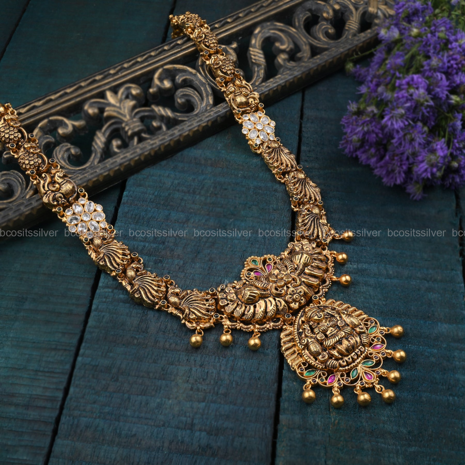 Pure 925 Silver Gold Plated Flower Haram- 5838