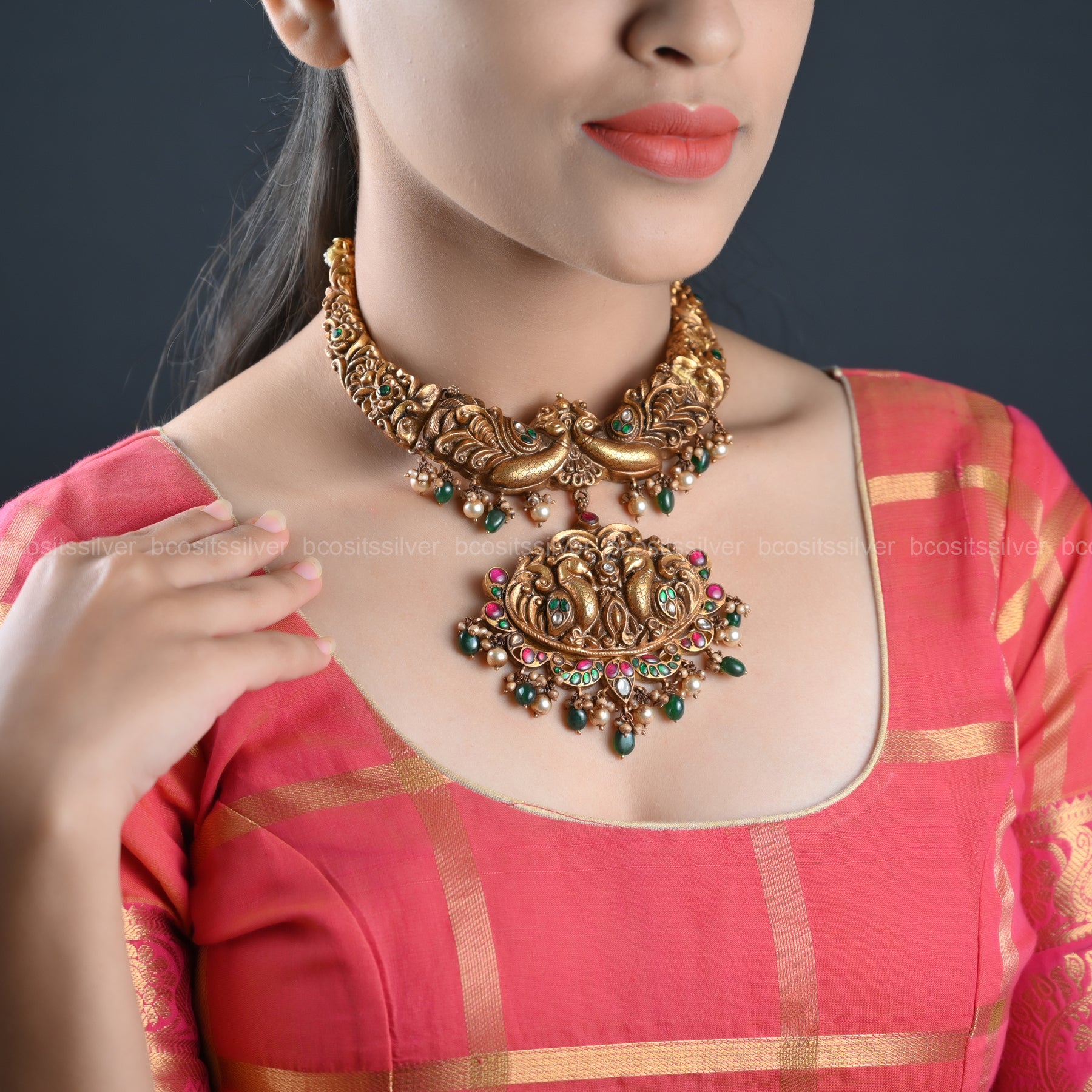 925 Silver Gold Plated Navaratri Necklace - 9003
