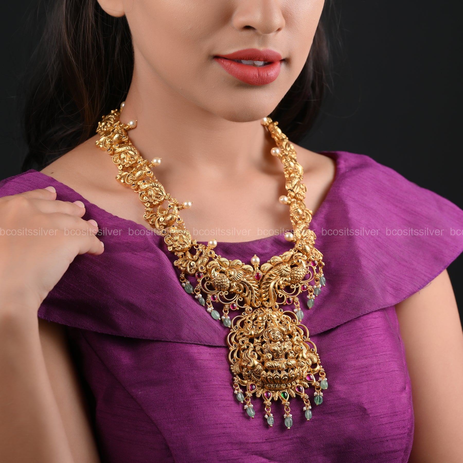 925 Silver Lakshmi & Peacock Nakshi Haram - 6312