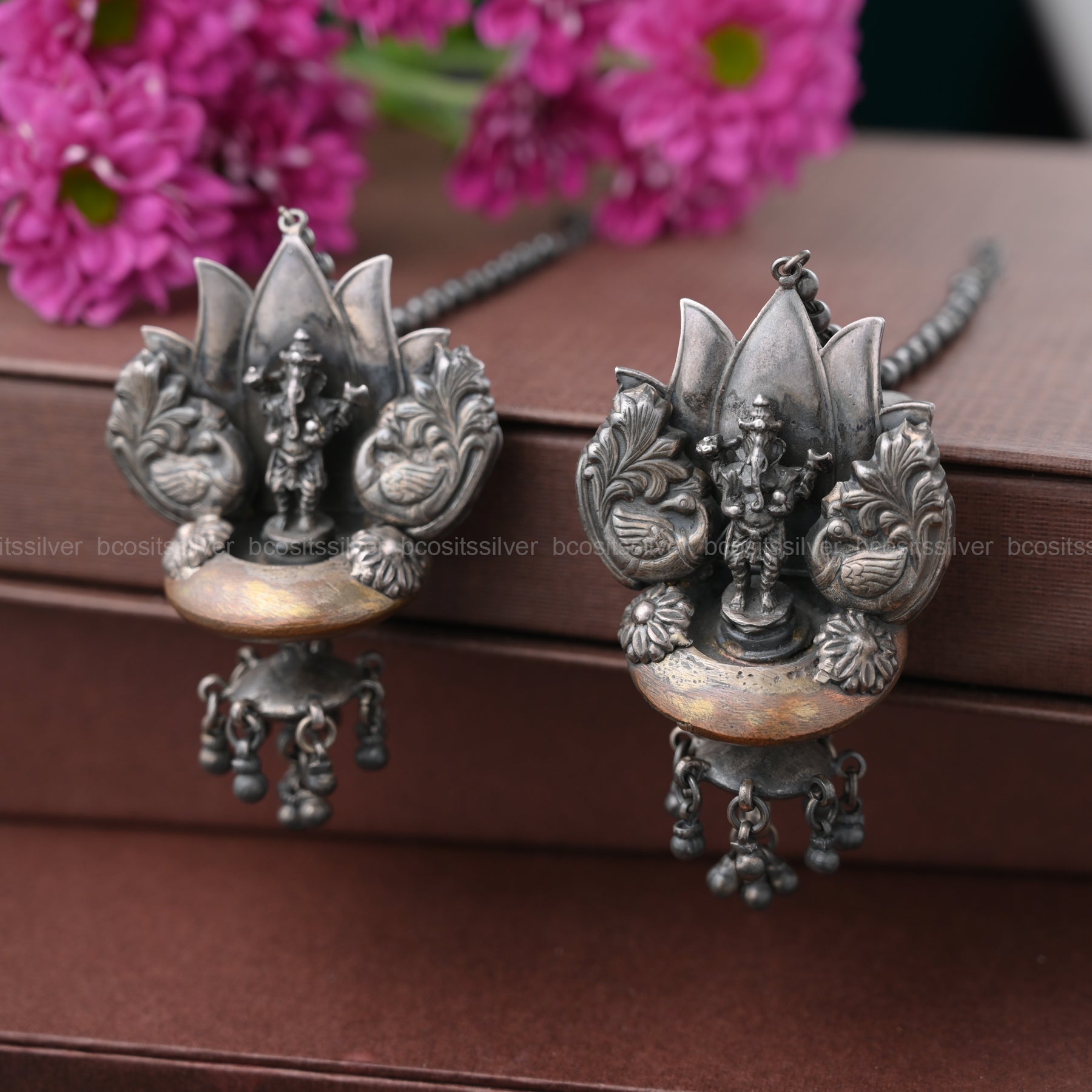 Pure 925 Silver Oxidized Lotus Flower Ganesh Earring - 1687