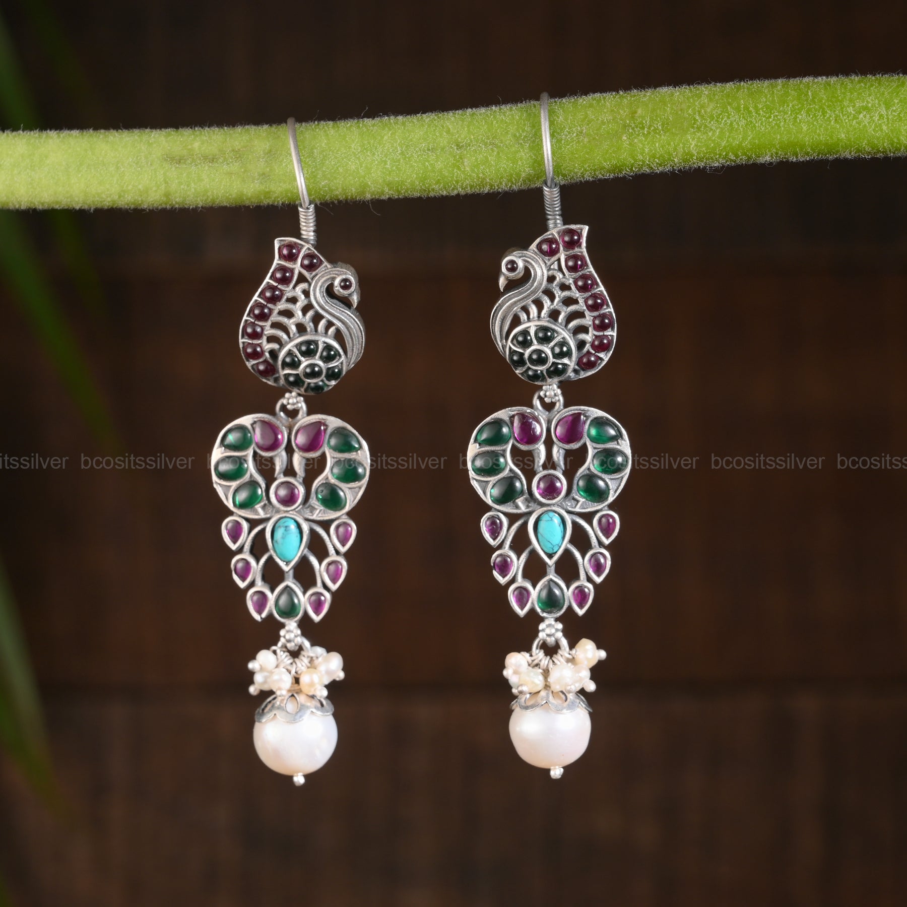 Pure 925 Silver Oxidized Hanging Peacock Earring - 1314