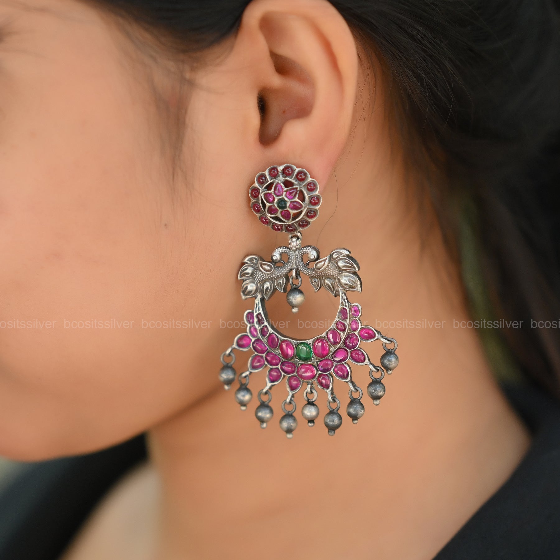 Pure 925 Silver Oxidized Chandbali - 1482