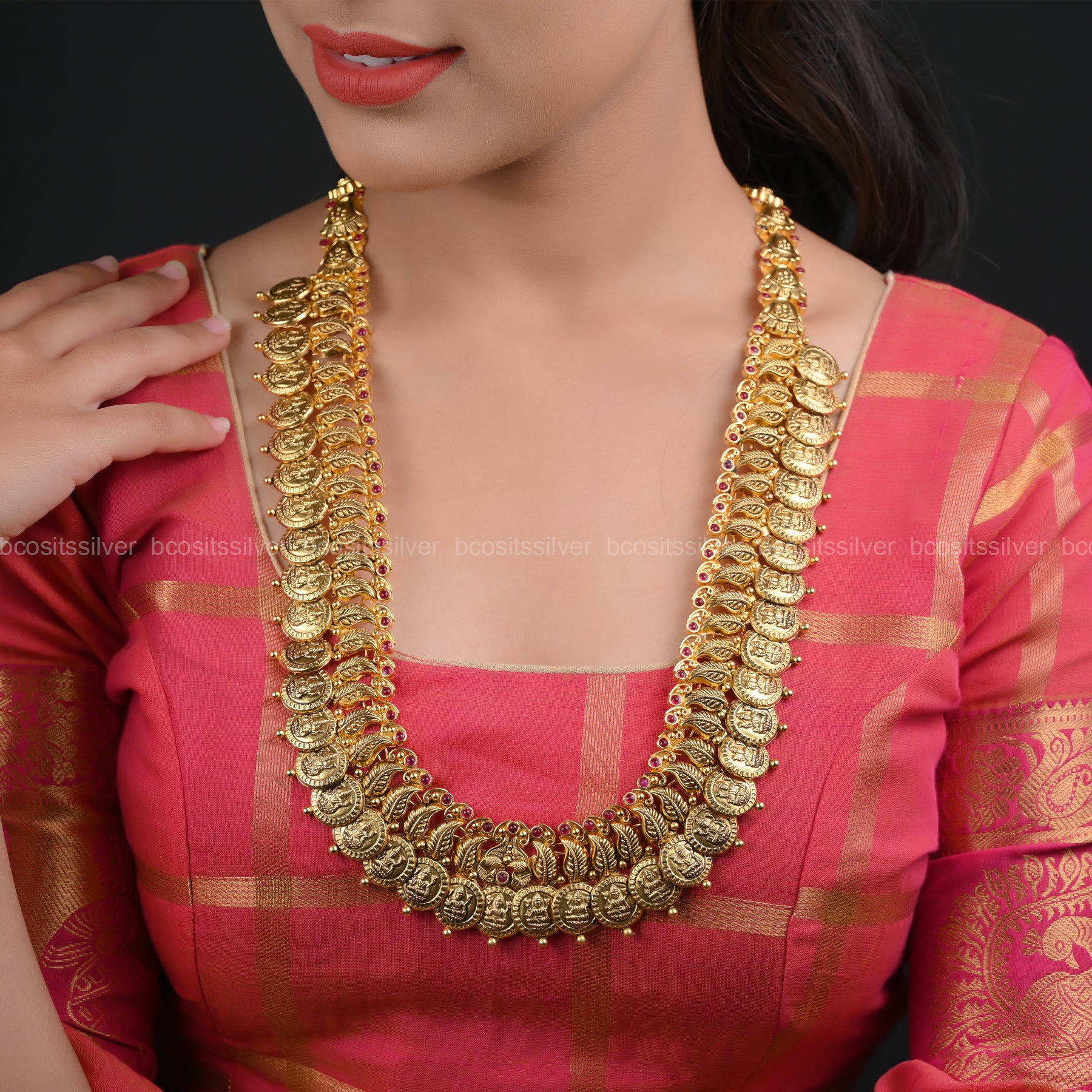 925 Silver Gold Plated devi Bridal Coin Haram - 6219