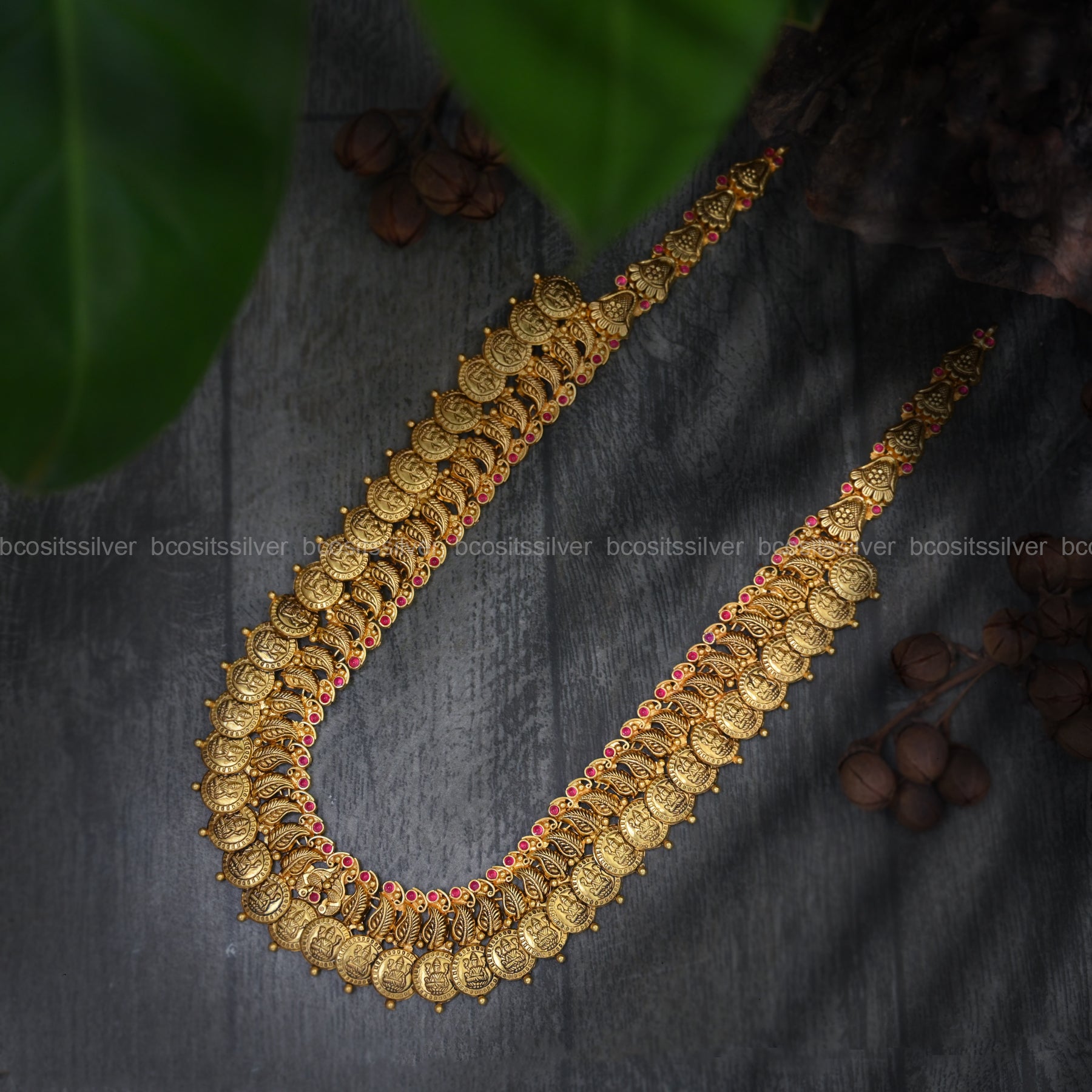 925 Silver Gold Plated devi Bridal Coin Haram - 6219