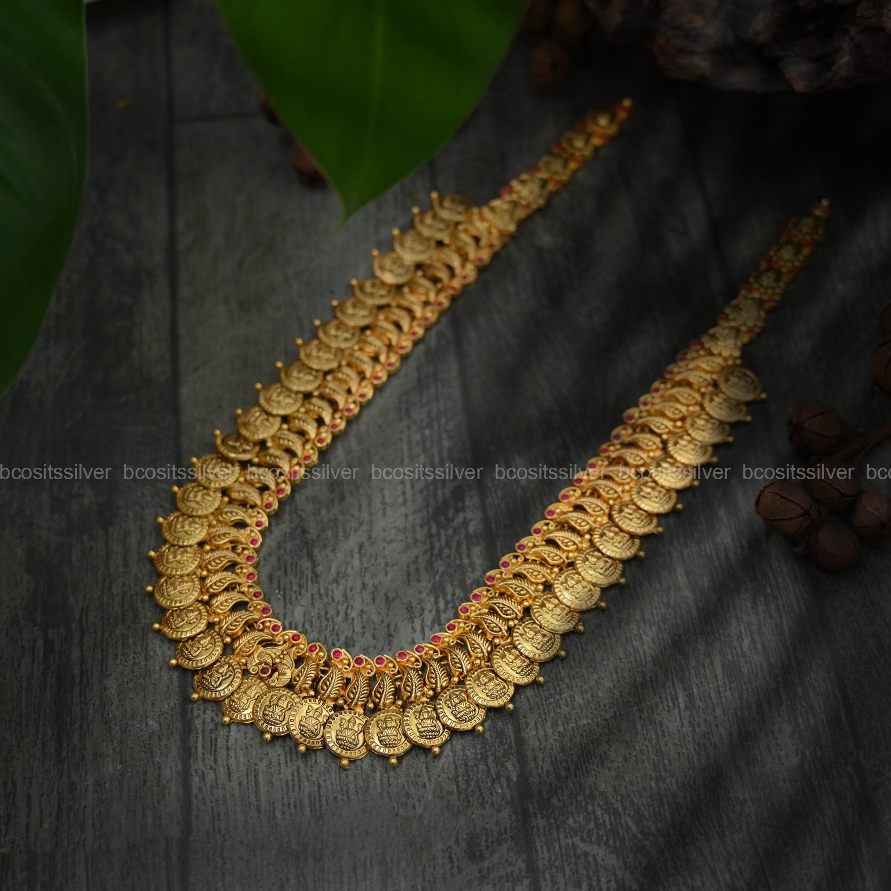 925 Silver Gold Plated devi Bridal Coin Haram - 6219