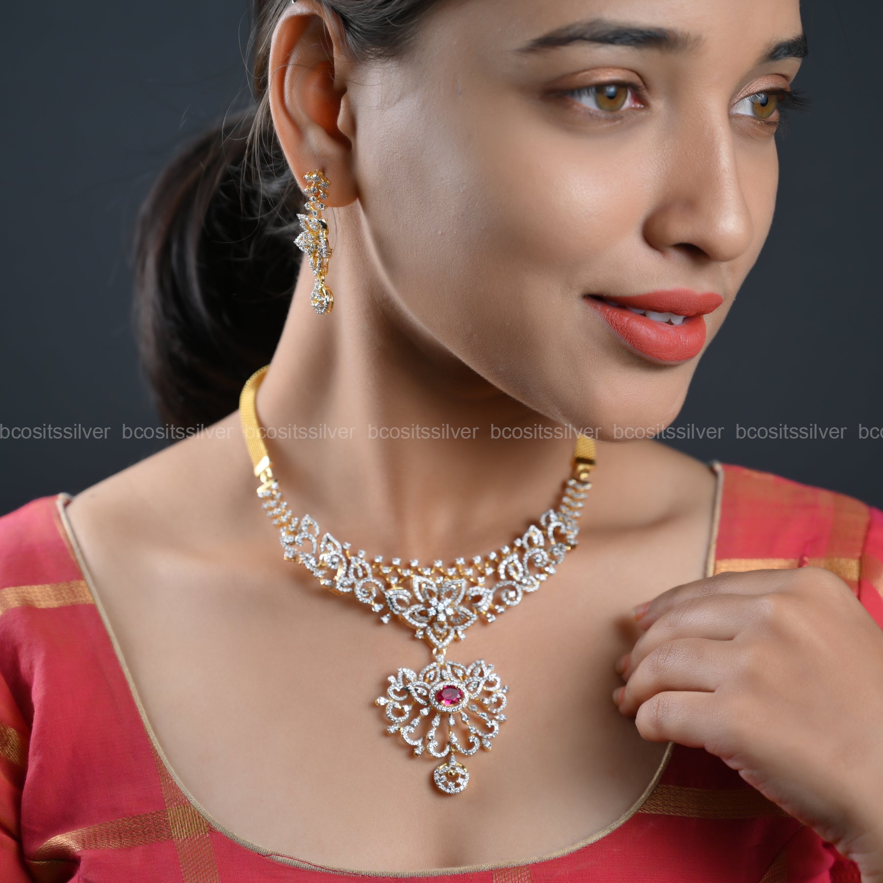 Theia Diamond Look Neckpiece with Earring - 769