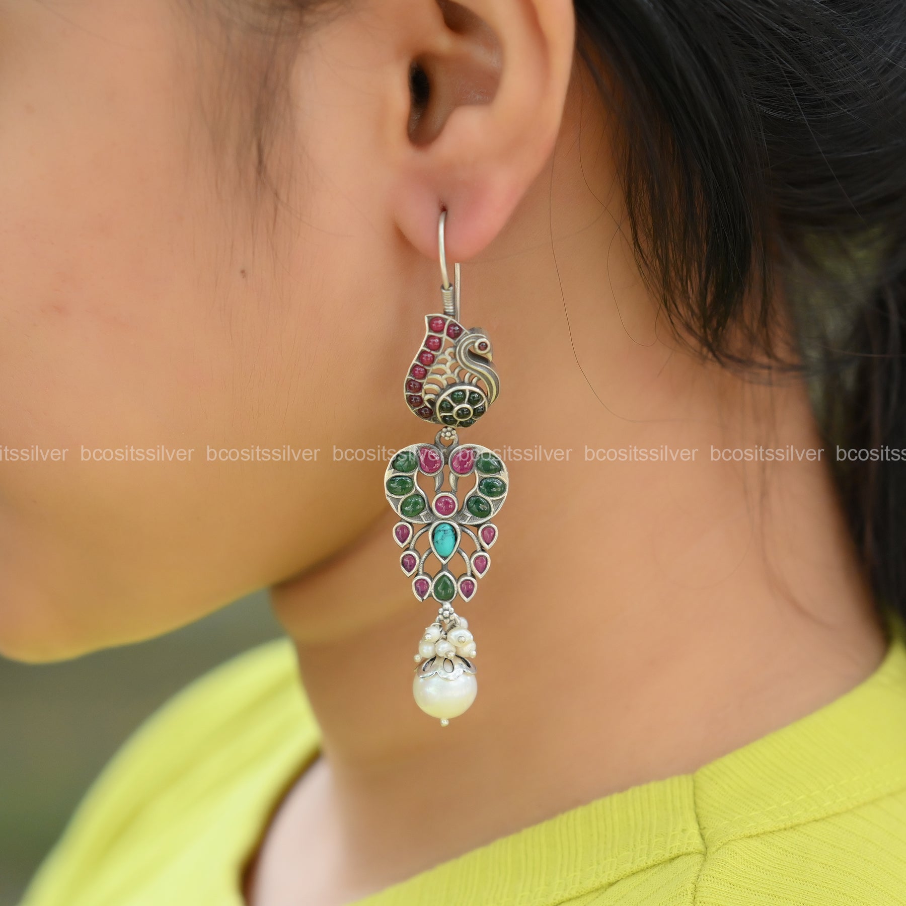 Pure 925 Silver Oxidized Hanging Peacock Earring - 1314