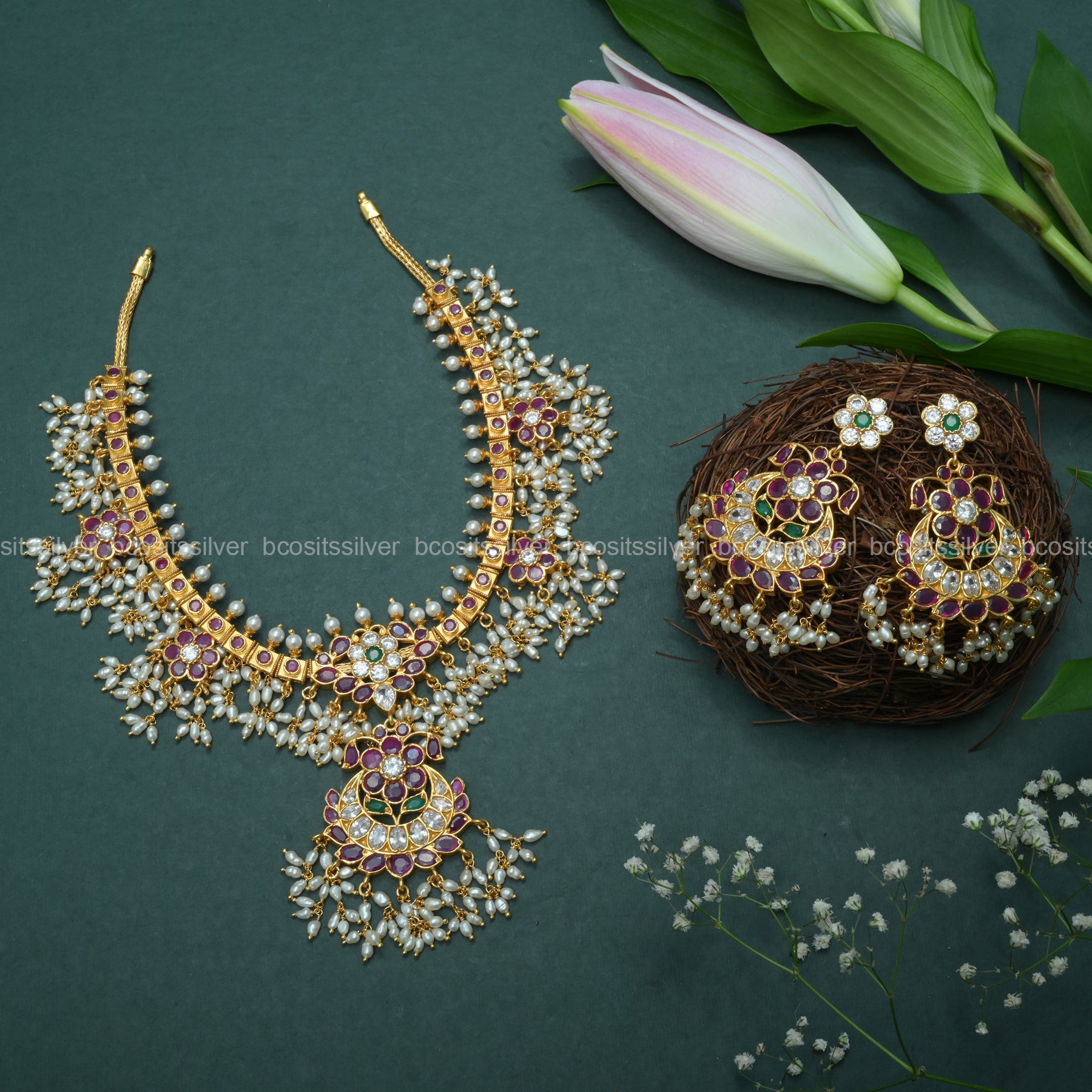 Gold Plated Guttapusalu Short Necklace with Earring -1047 - ( MADE TO ORDER )