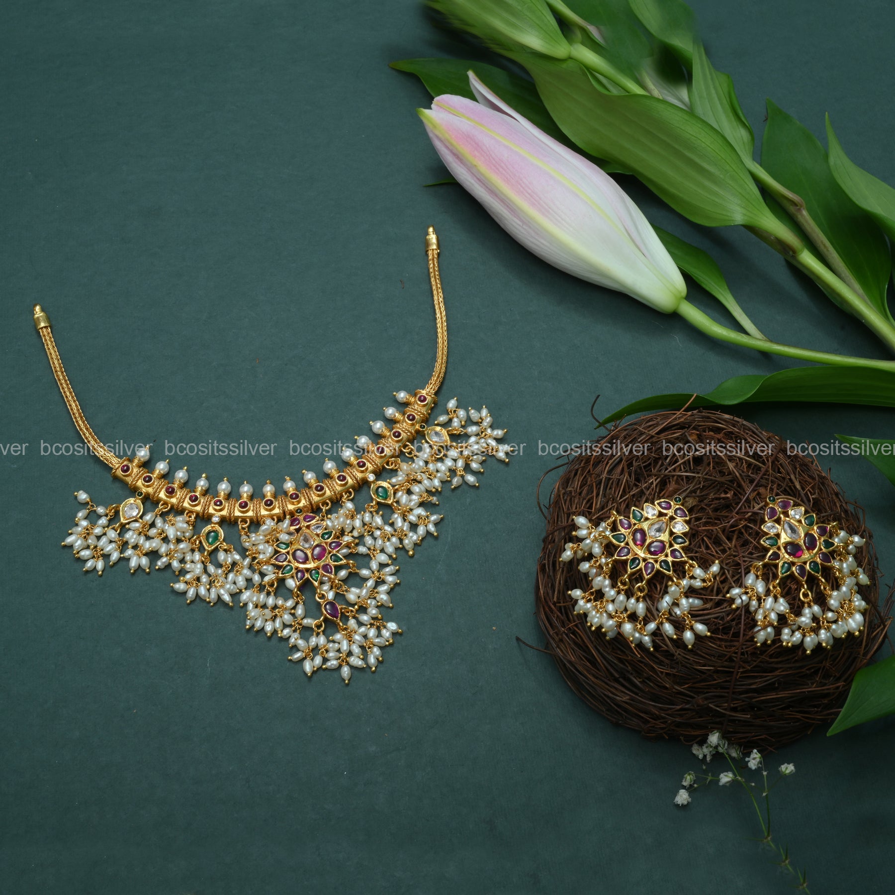 Gold Plated Guttapusalu Necklace with Earrings - 1042 - ( MADE TO ORDER )