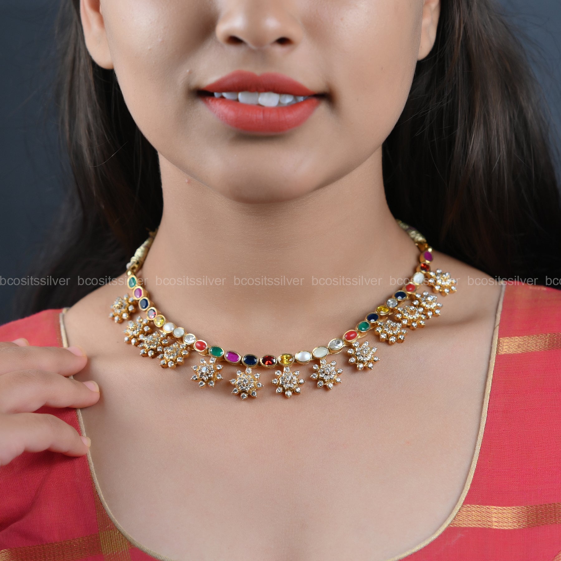 Gold Plated Saaral - Navaratnam Star Necklace - 7032