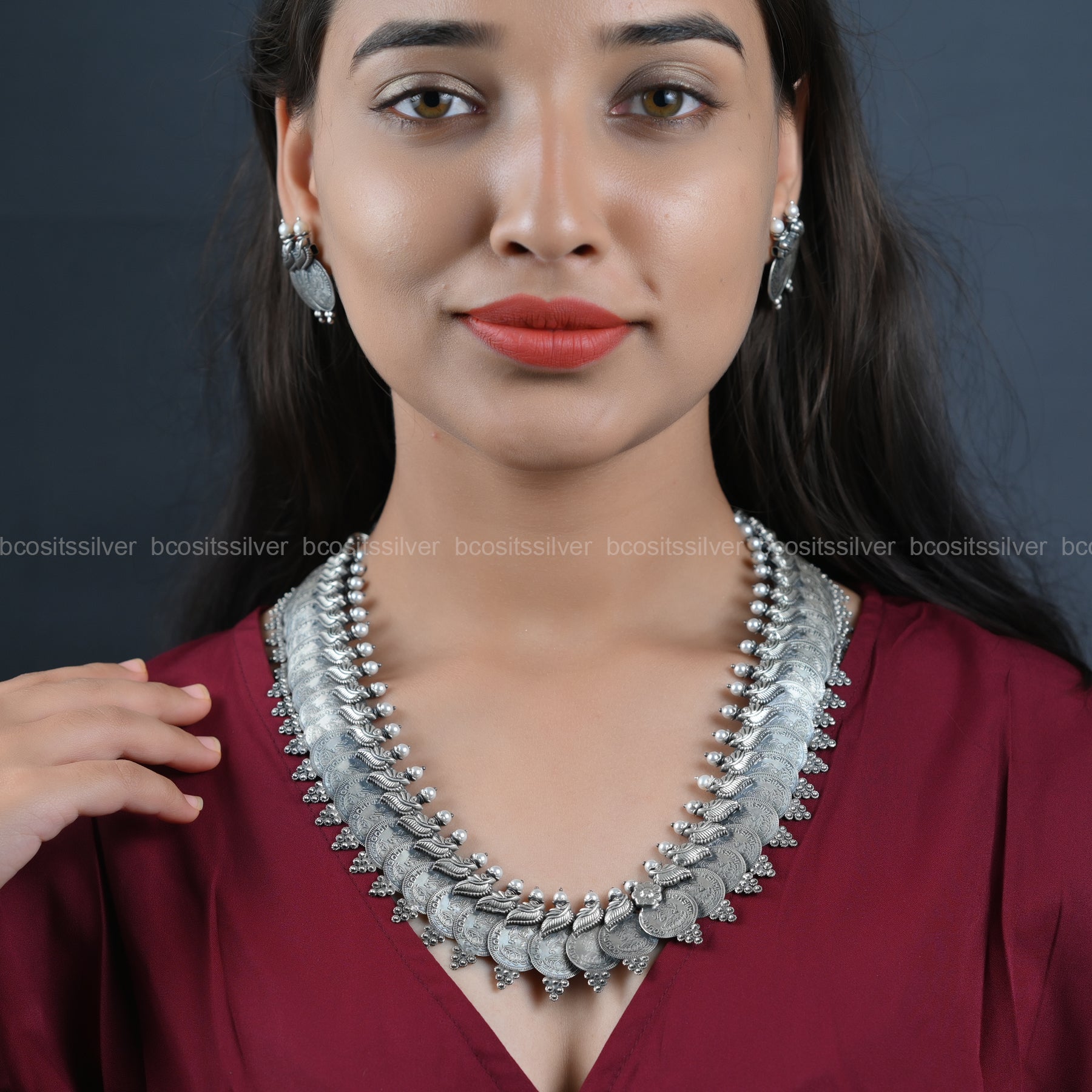 Pure 925 silver Oxidized Lakshmi Coin Haram - 6640