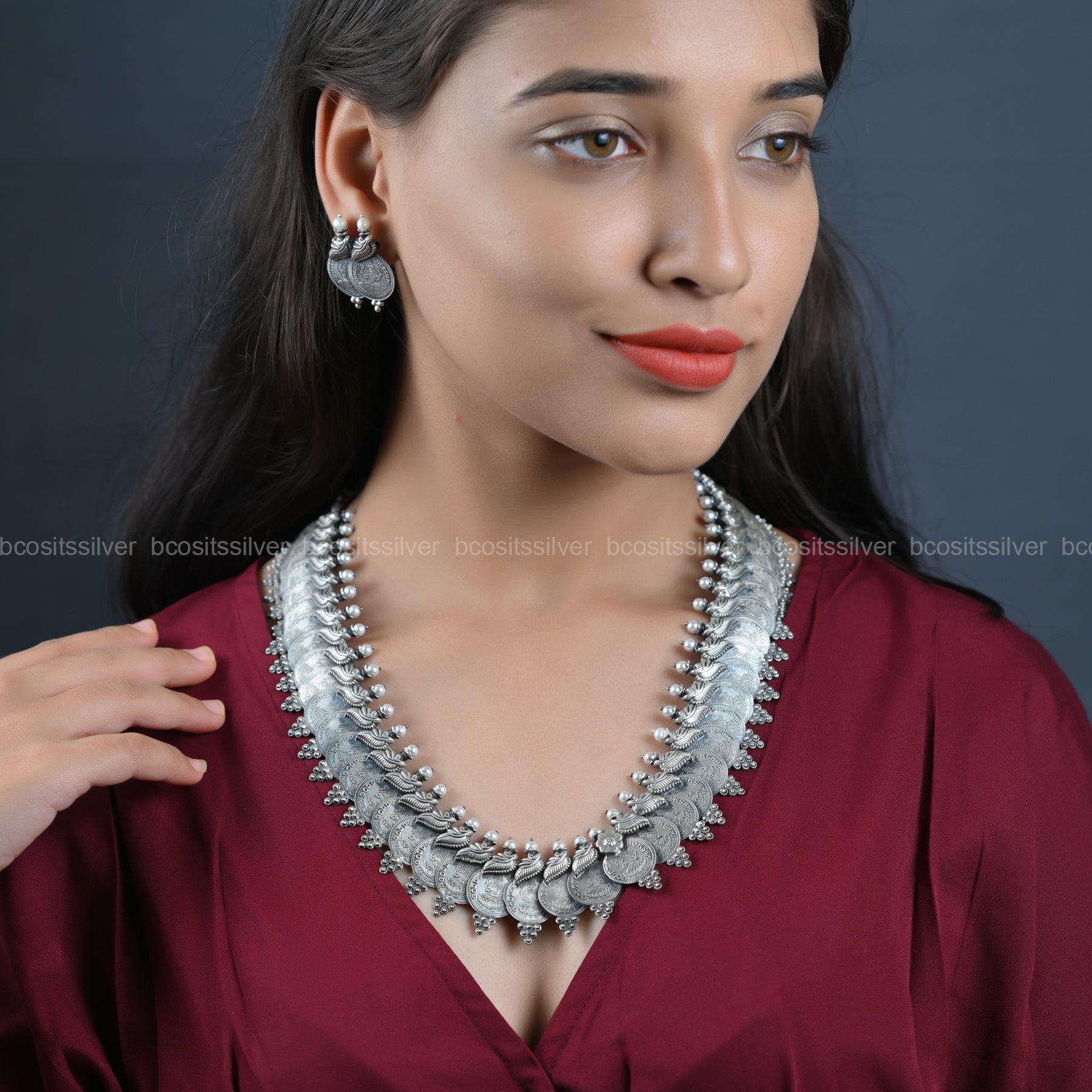 Pure 925 silver Oxidized Lakshmi Coin Haram - 6640