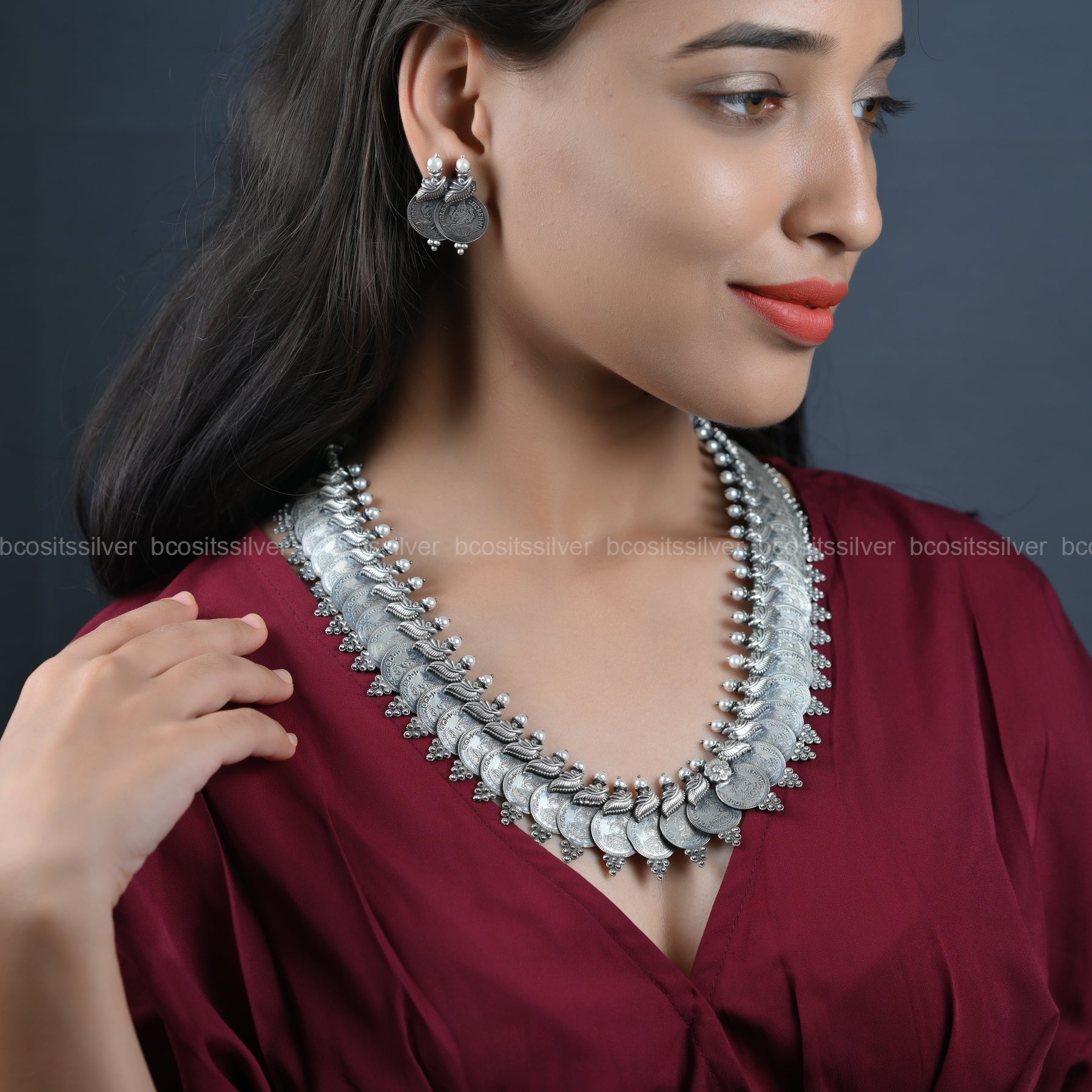 Pure 925 silver Oxidized Lakshmi Coin Haram - 6640