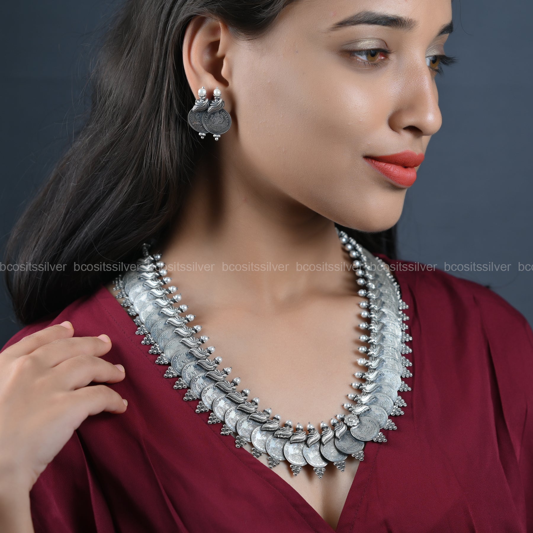 Pure 925 silver Oxidized Lakshmi Coin Haram - 6640