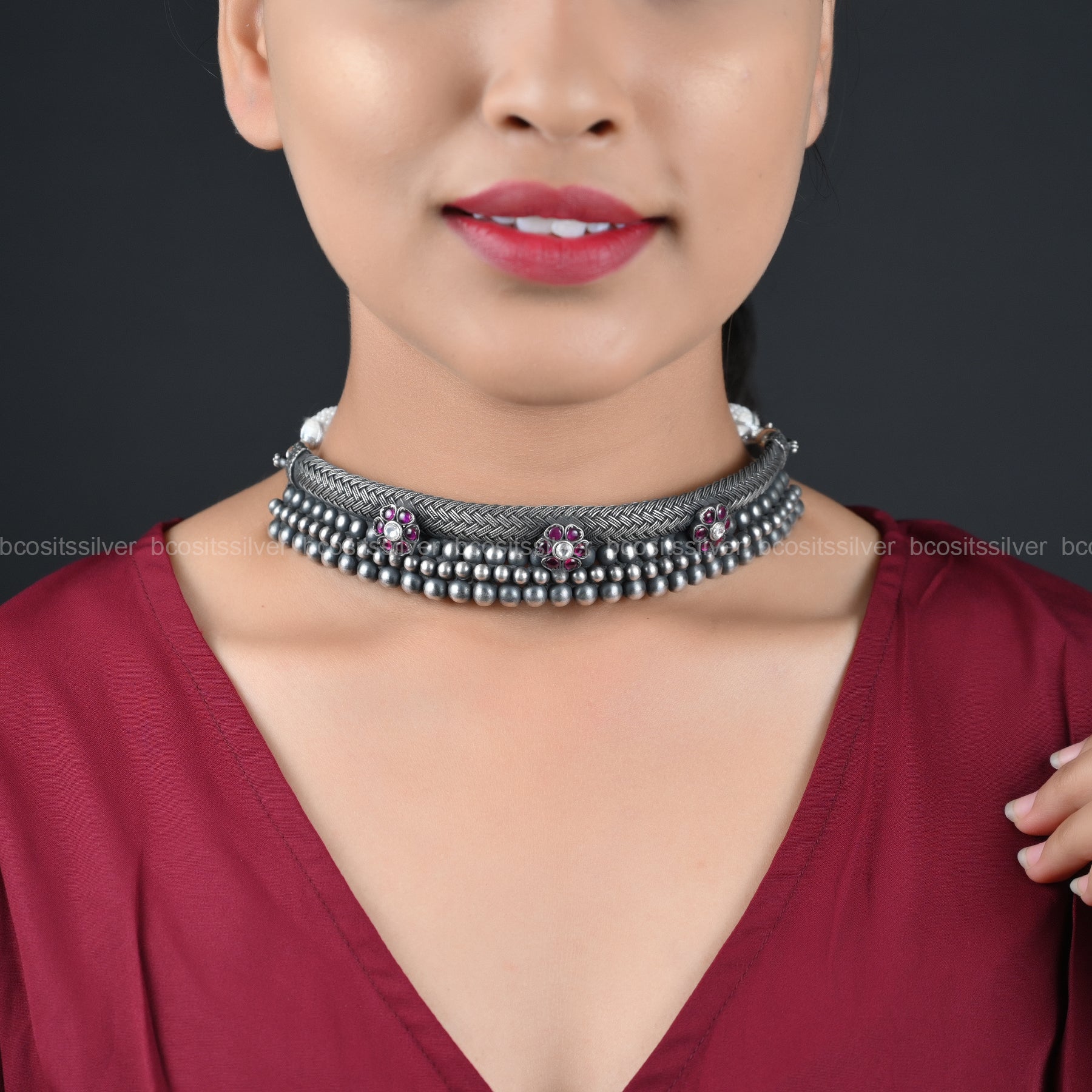 Pure 925 Silver Lily With Beads Choker - 7021