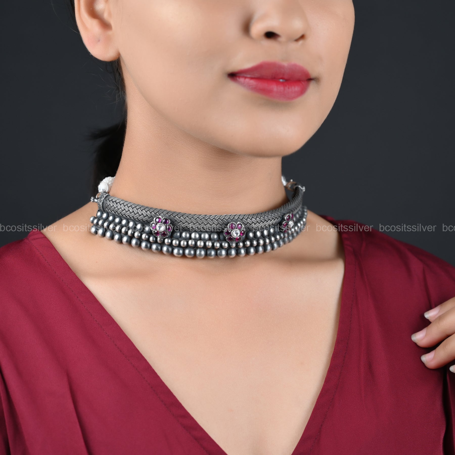 Pure 925 Silver Lily With Beads Choker - 7021