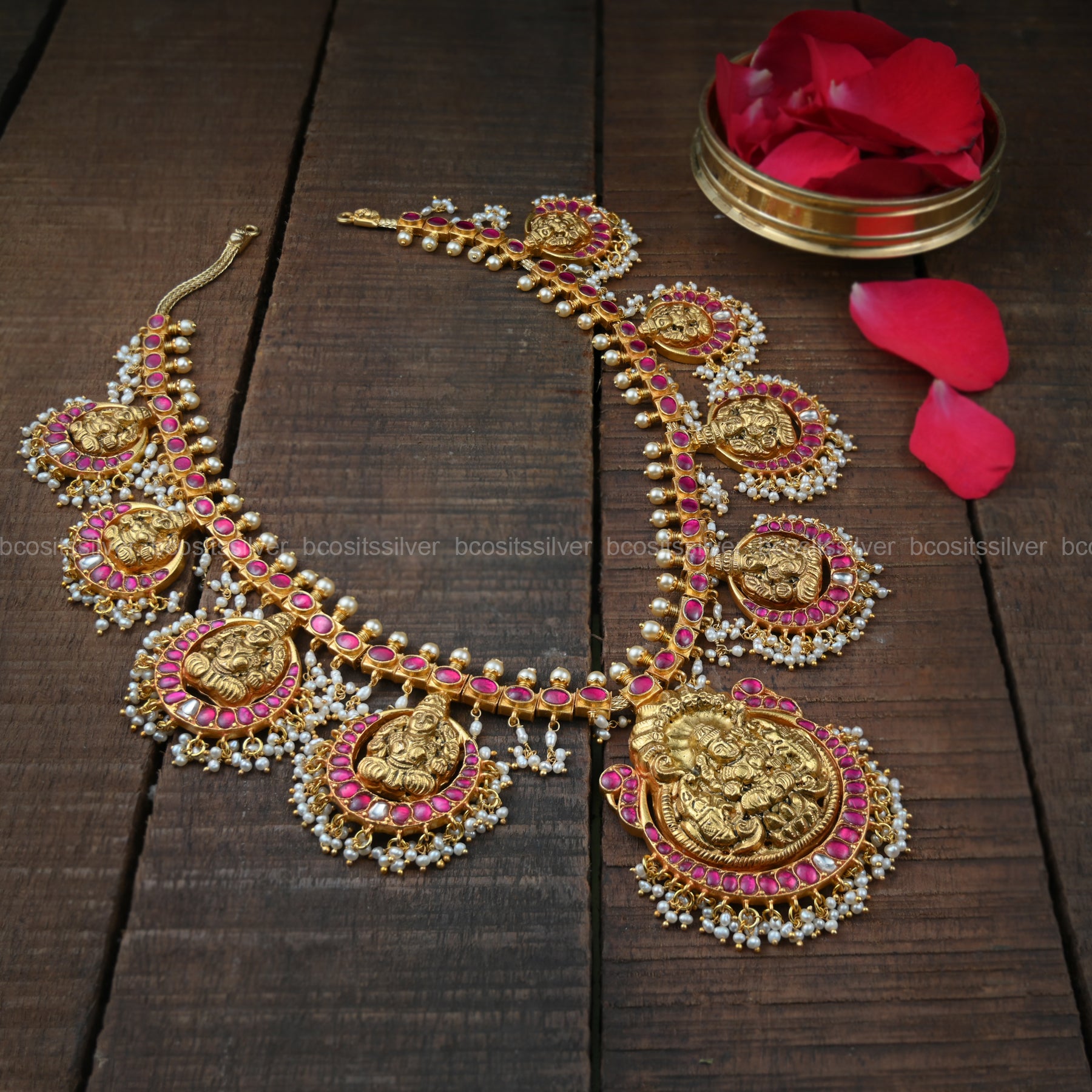 Pure 925 Silver Gold Plated Kundan Haram- 5658