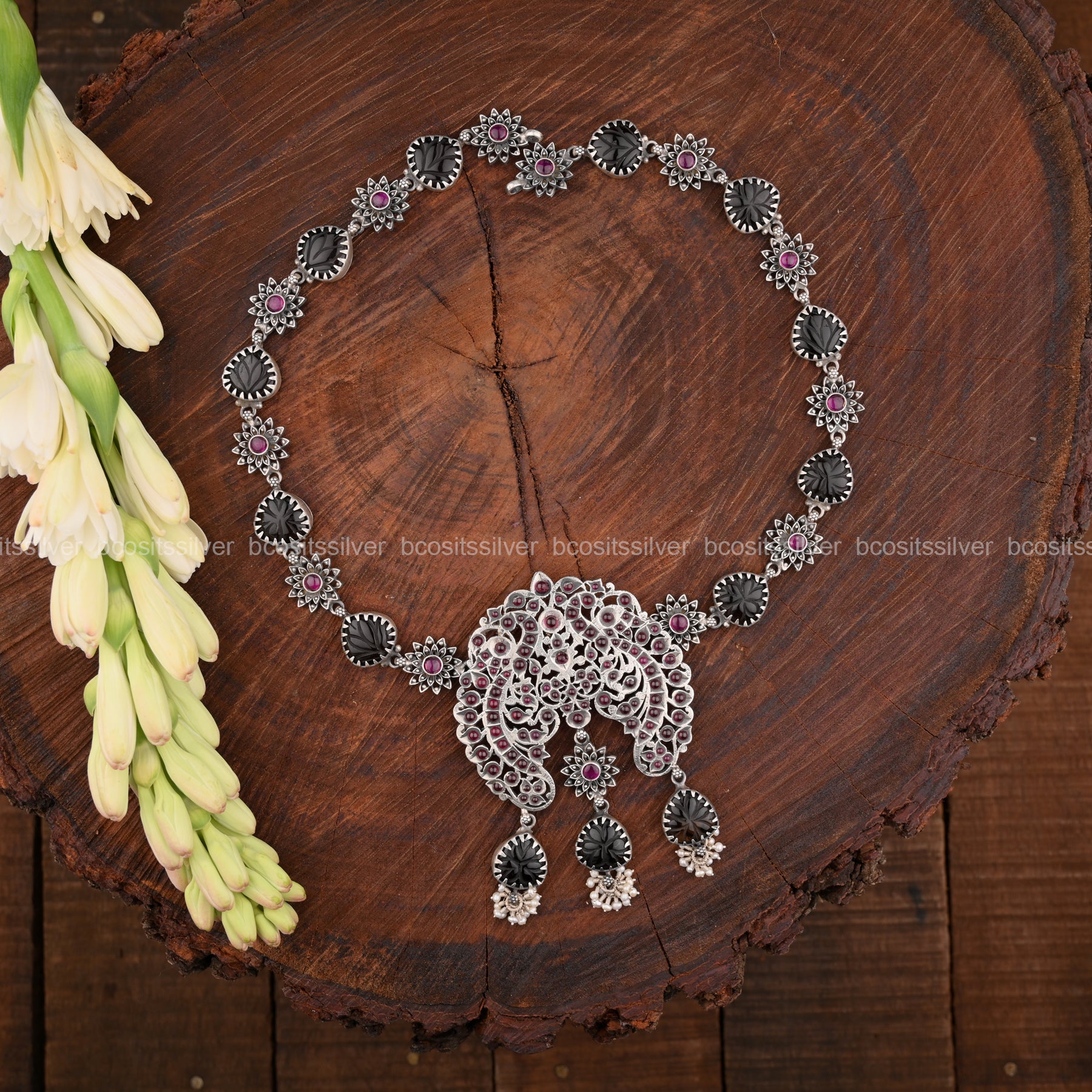 Pure 925 silver Oxidized Lotus Flower Haram- 1541