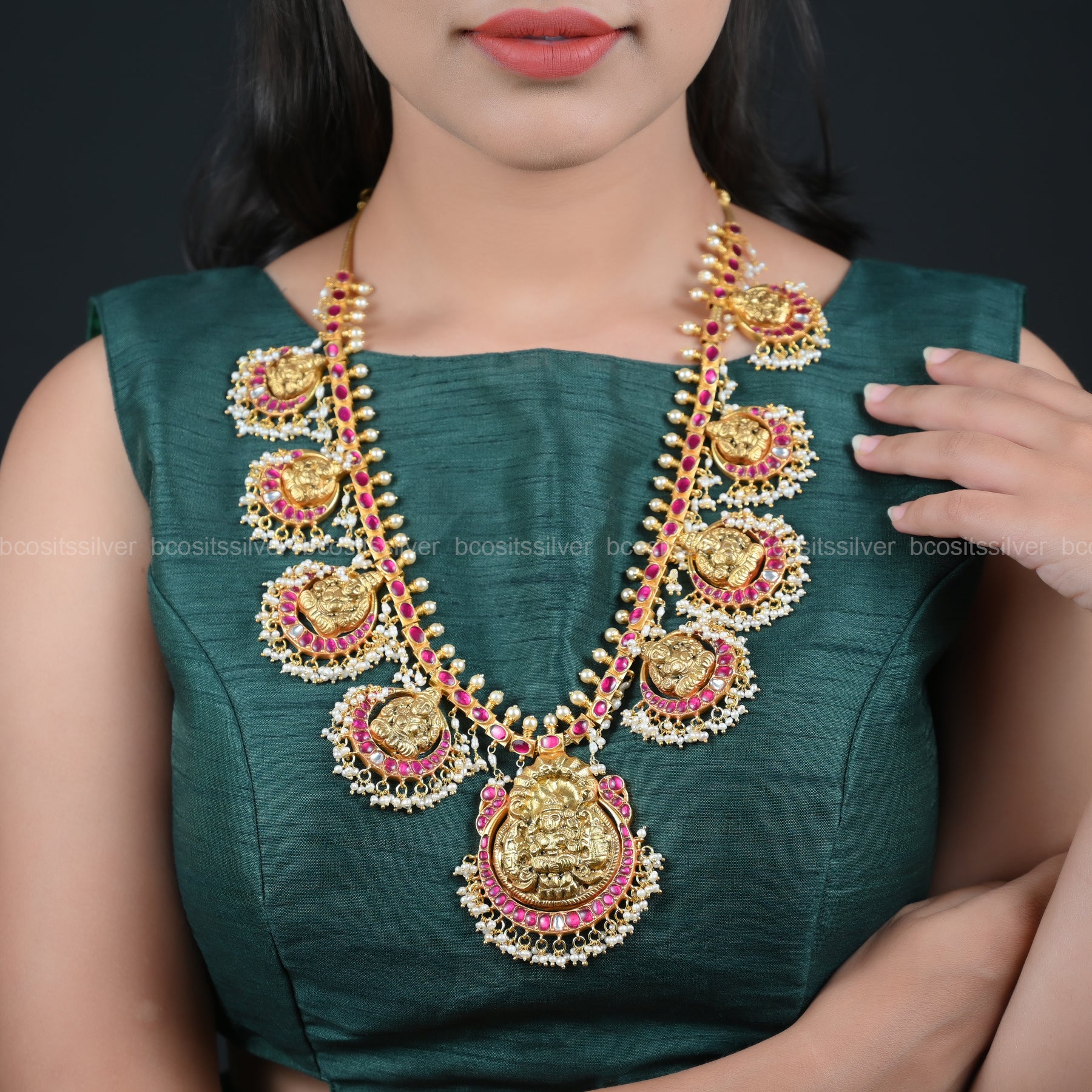 Pure 925 Silver Gold Plated Kundan Haram- 5658