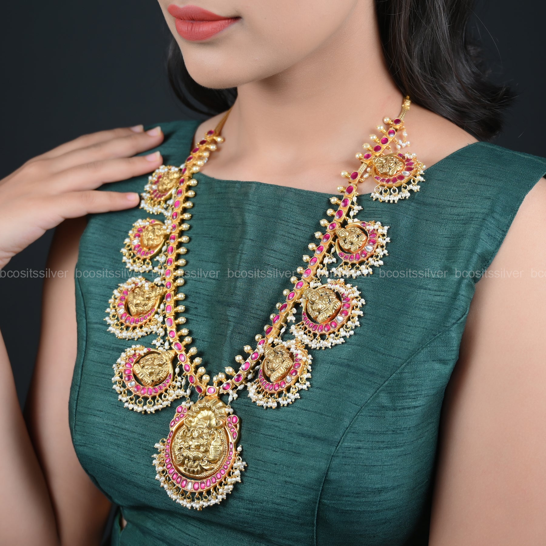 Pure 925 Silver Gold Plated Kundan Haram- 5658