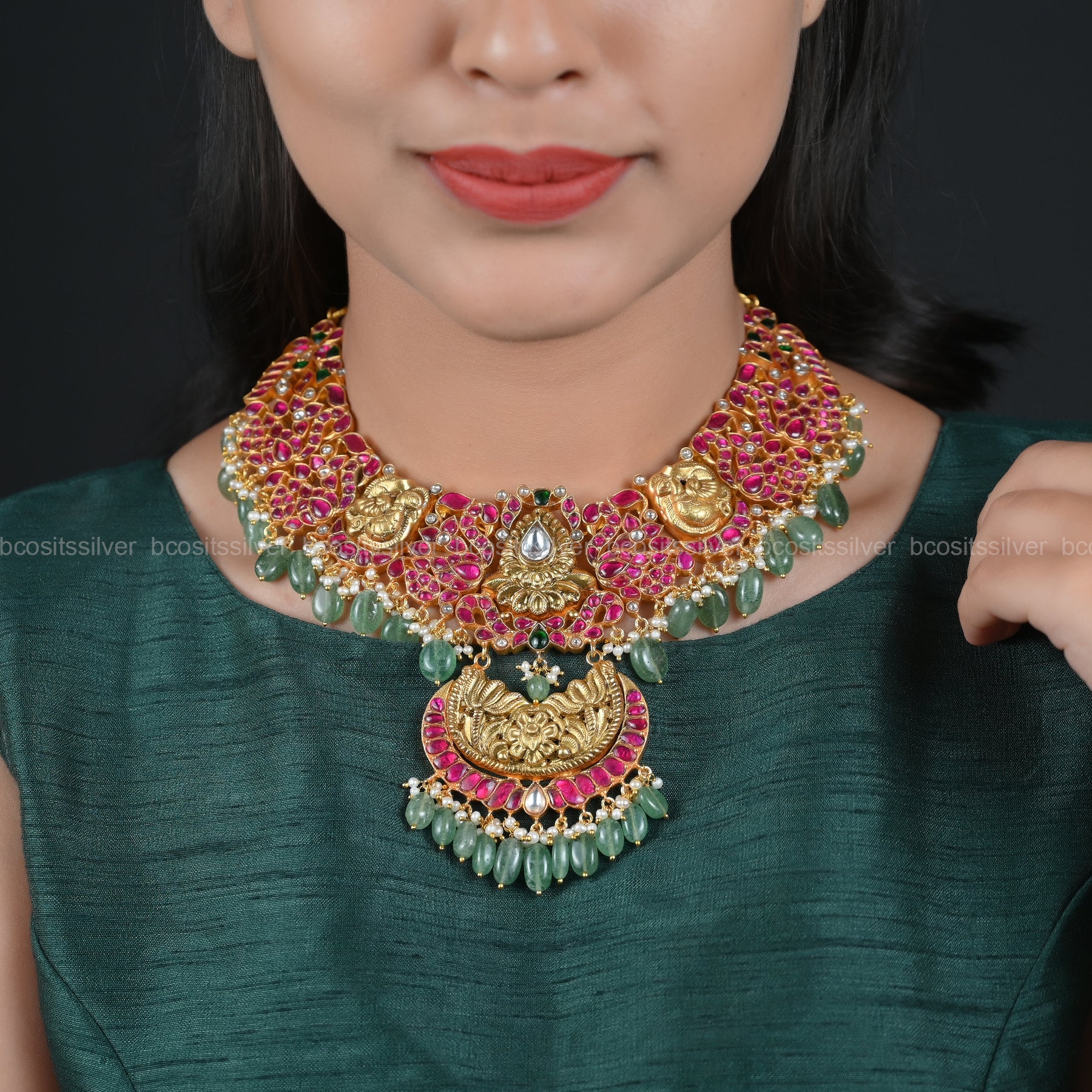 925 Silver Gold Plated Kundan Neckpiece - 5149