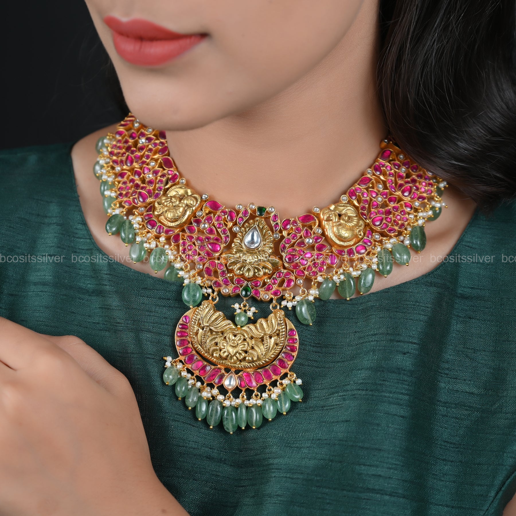 925 Silver Gold Plated Kundan Neckpiece - 5149