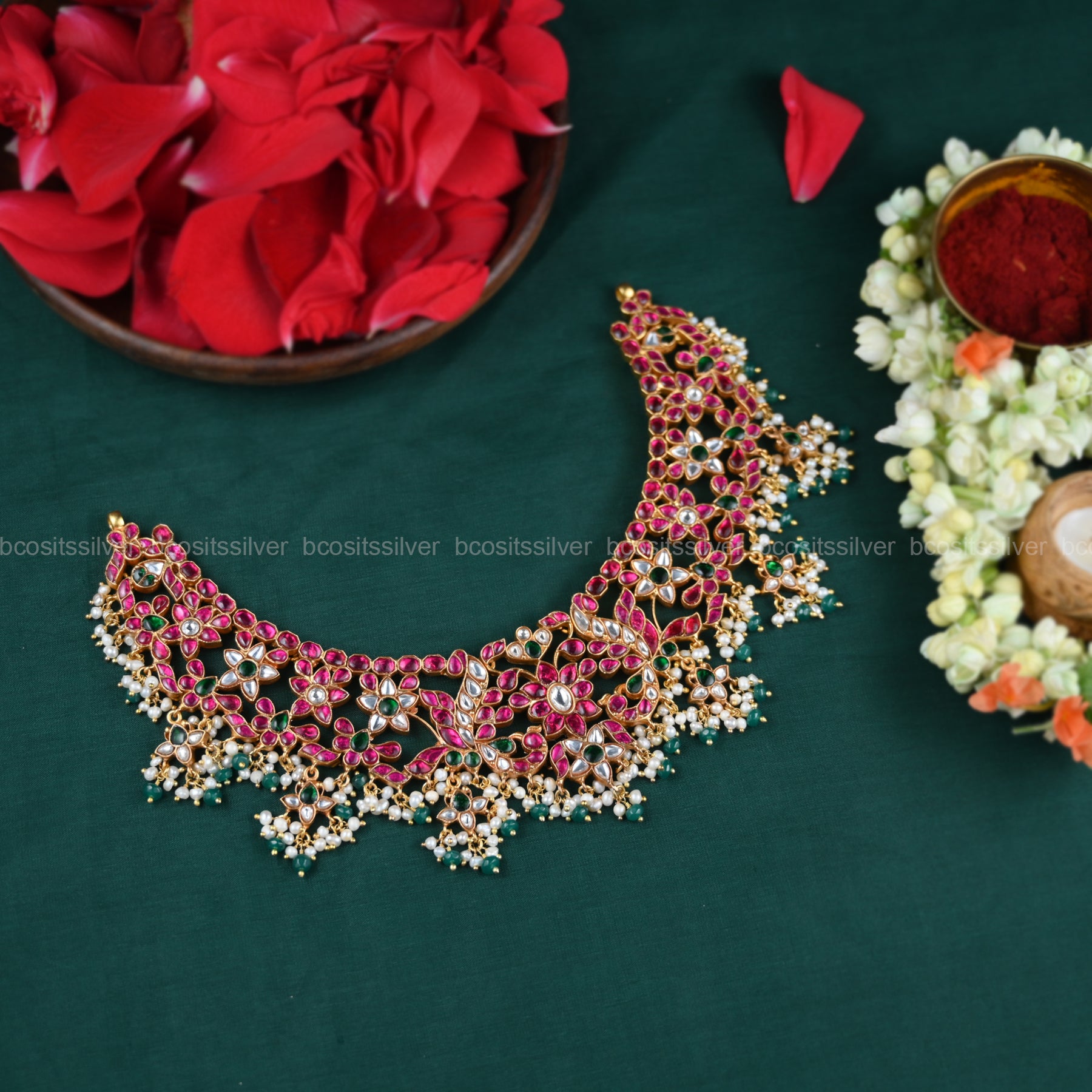 925 Silver Gold Plated Kundan Neckpiece - 2136