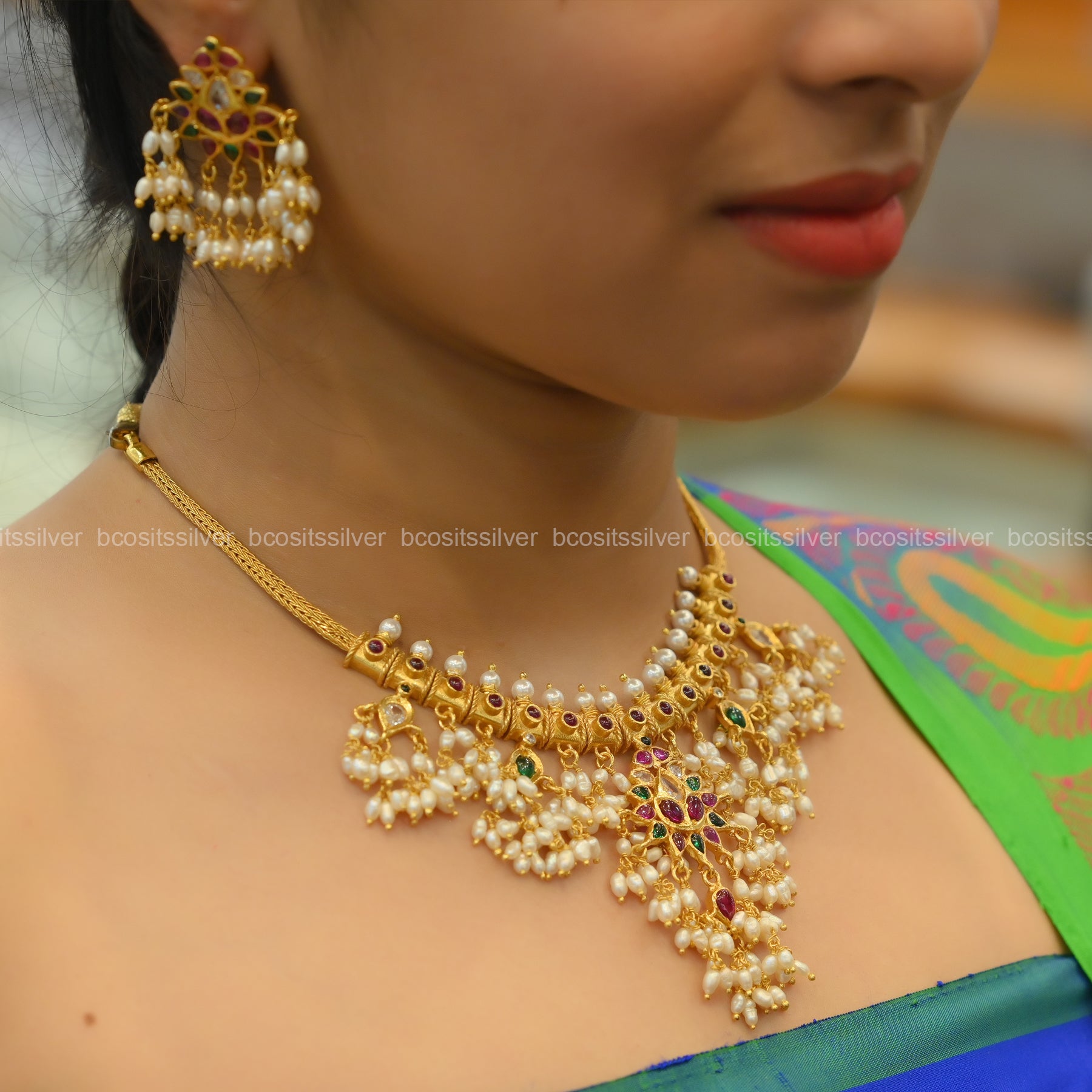 Gold Plated Guttapusalu Necklace with Earrings - 1042 - ( MADE TO ORDER )