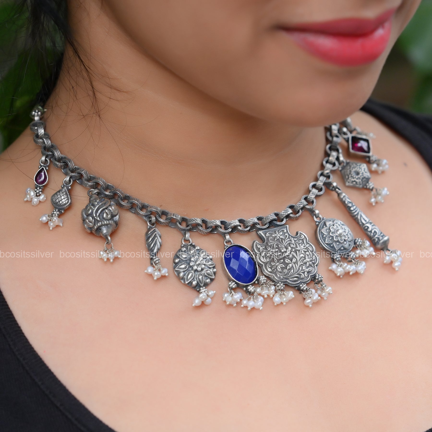 925 Silver Oxidized Multiple Designs Short Necklace - 1006