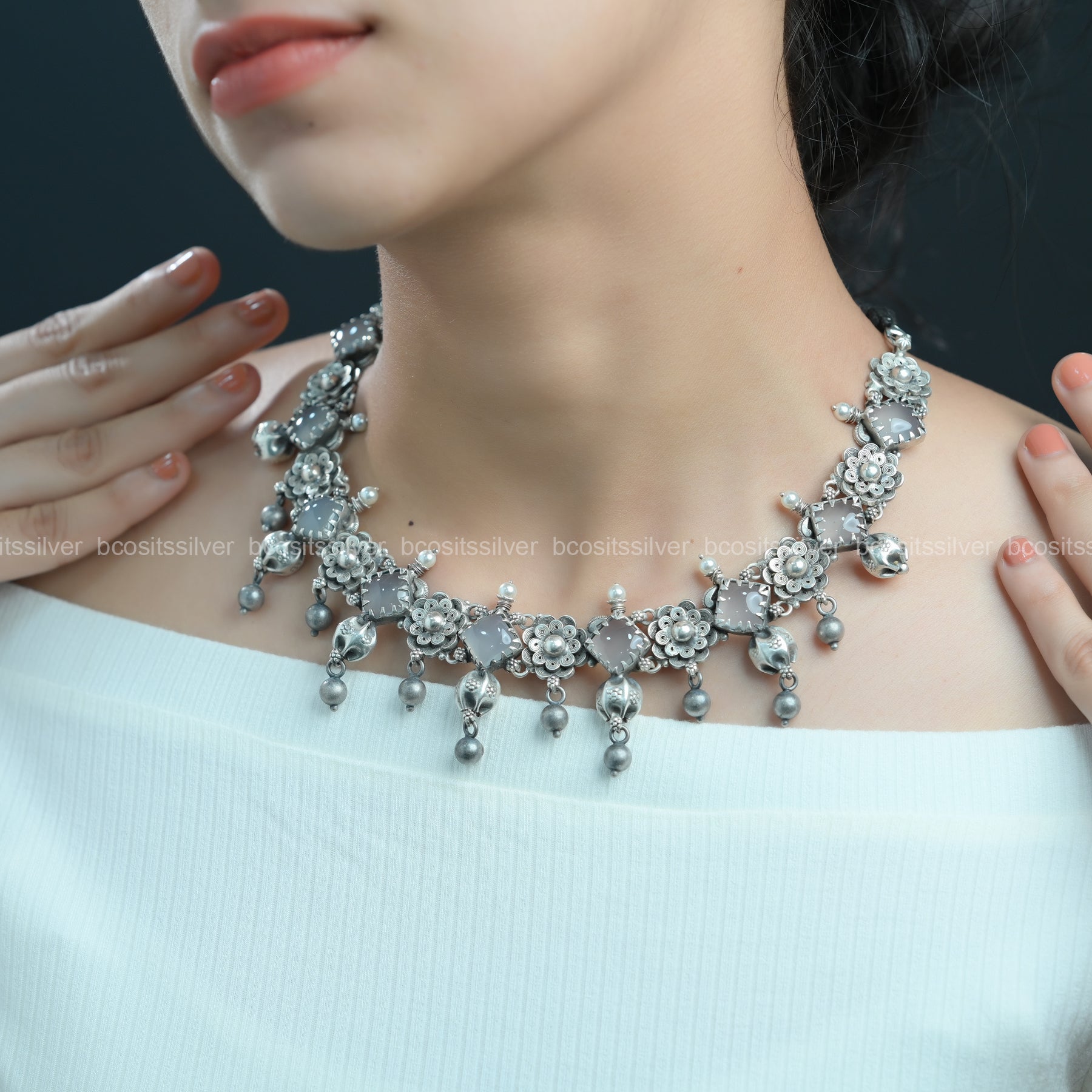 925 Silver Oxidized Short Necklace - 1346