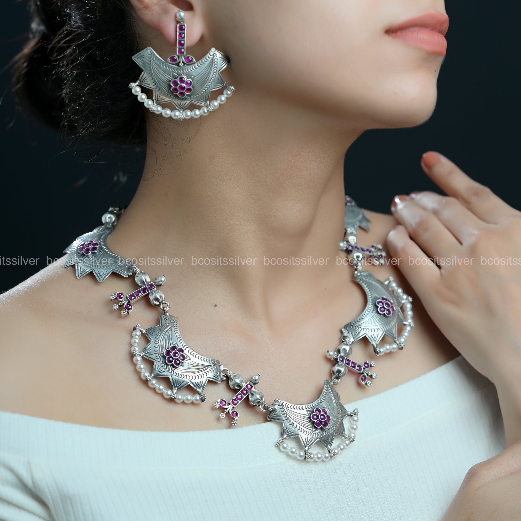 925 Silver Oxidized Chaand Necklace set - 1506