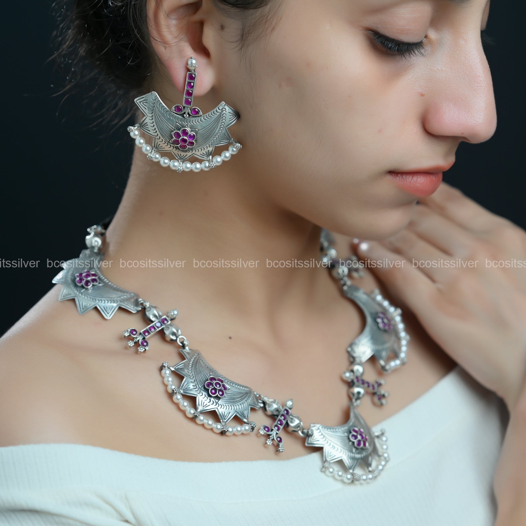 925 Silver Oxidized Chaand Necklace set - 1506