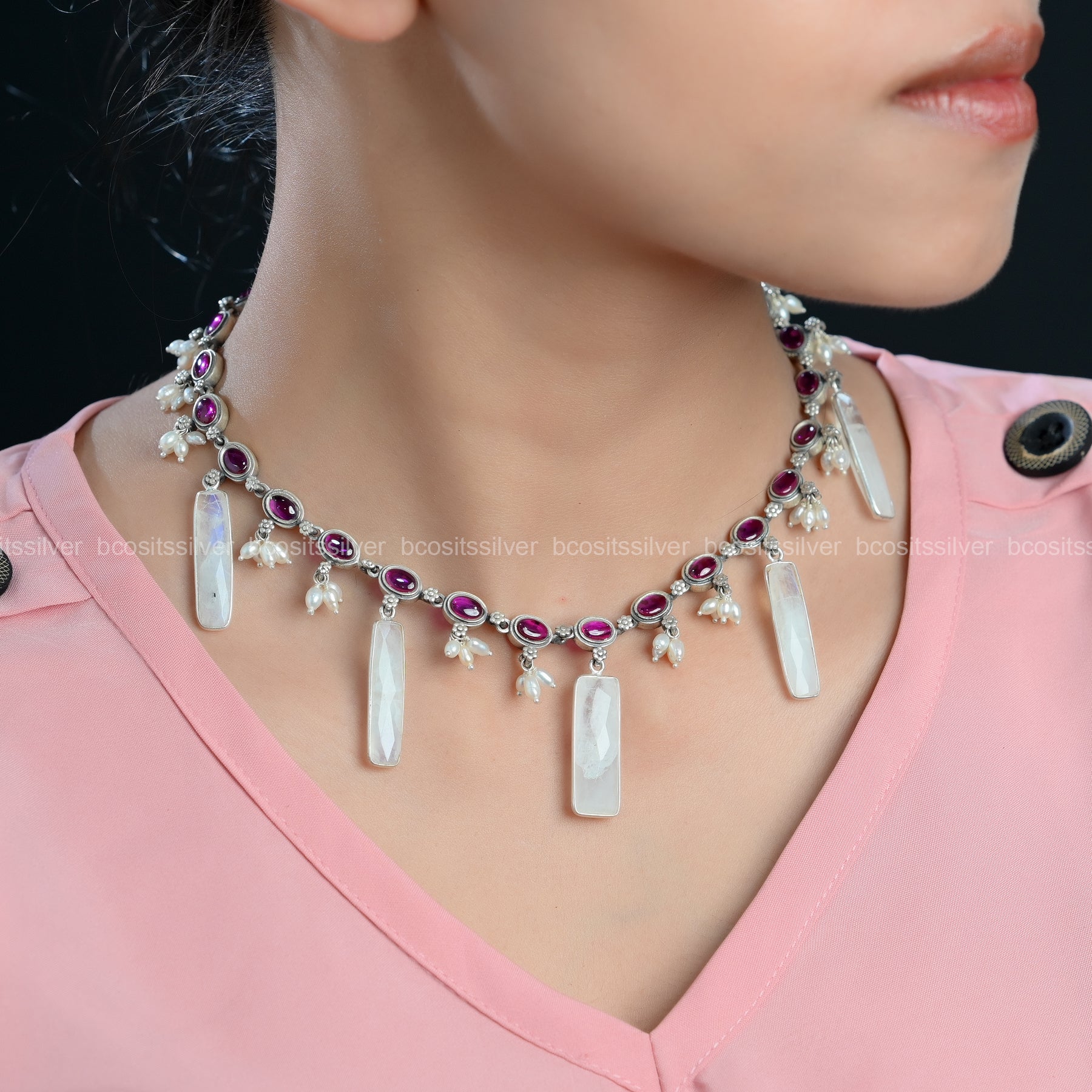 925 Silver Oxidized Short Bottu Neckpiece - 1560