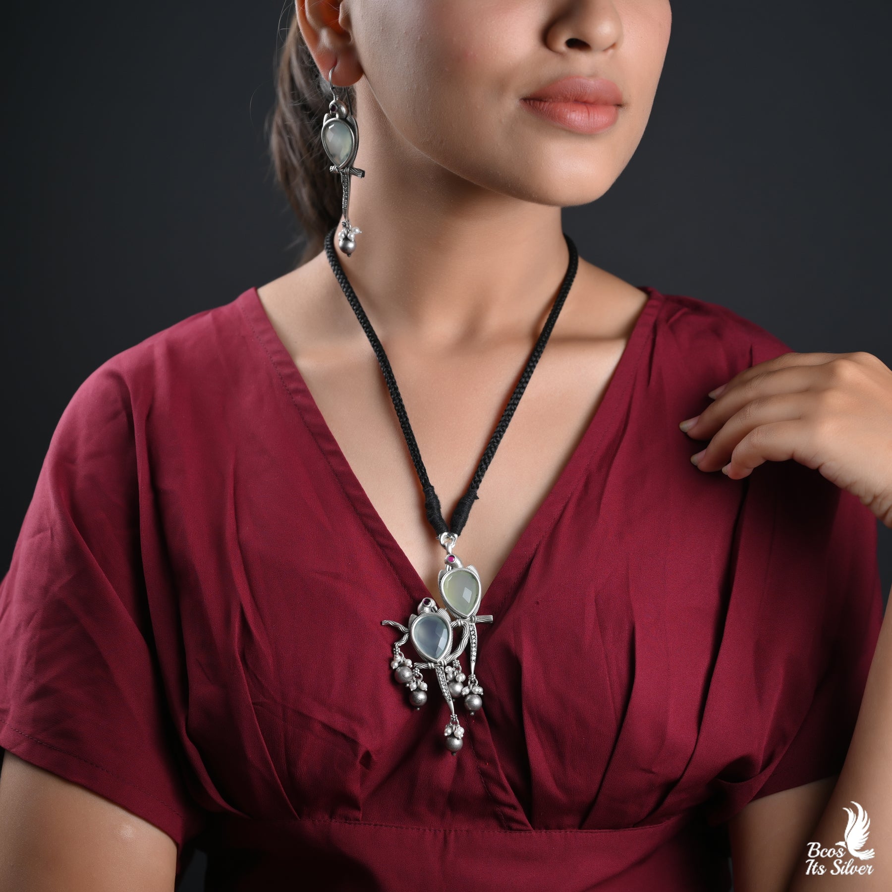 Oxidized Pendant with Earring - 2747