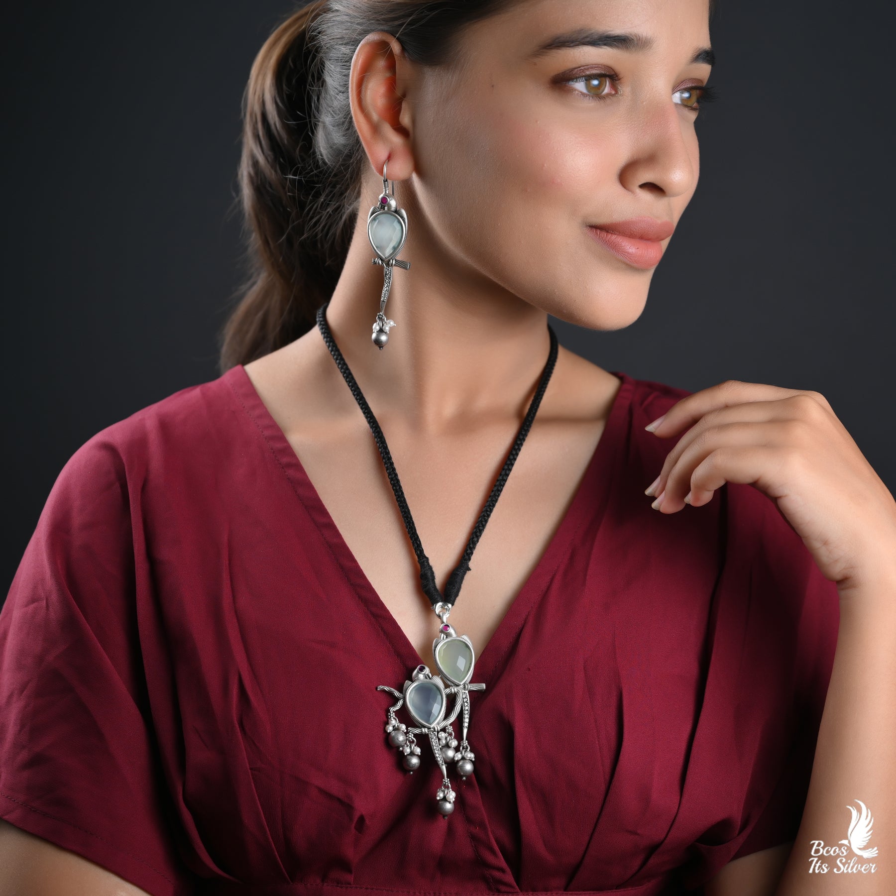 Oxidized Pendant with Earring - 2747