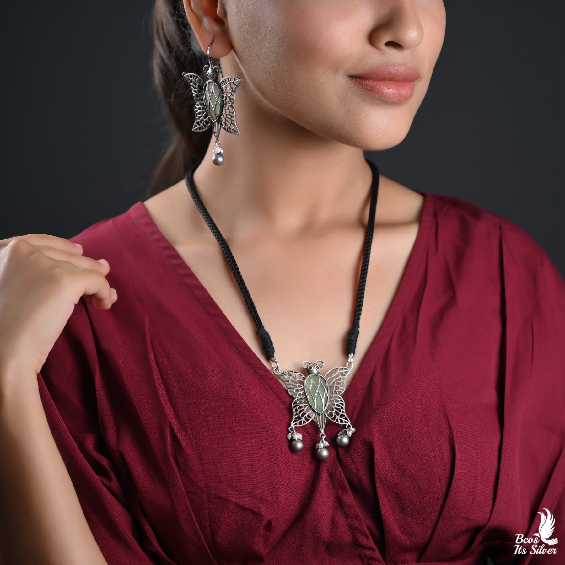 Oxidized Pendant with Earring - 2743