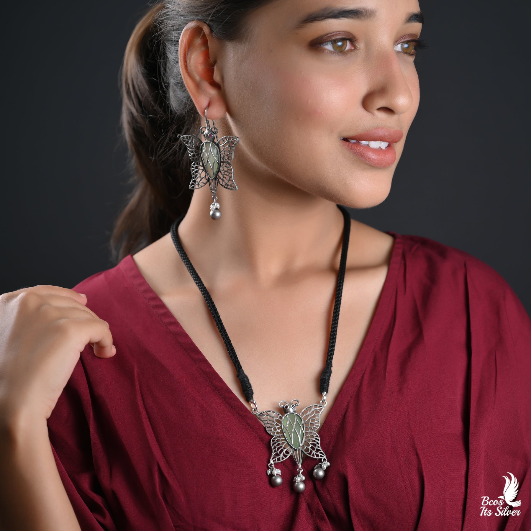Oxidized Pendant with Earring - 2743