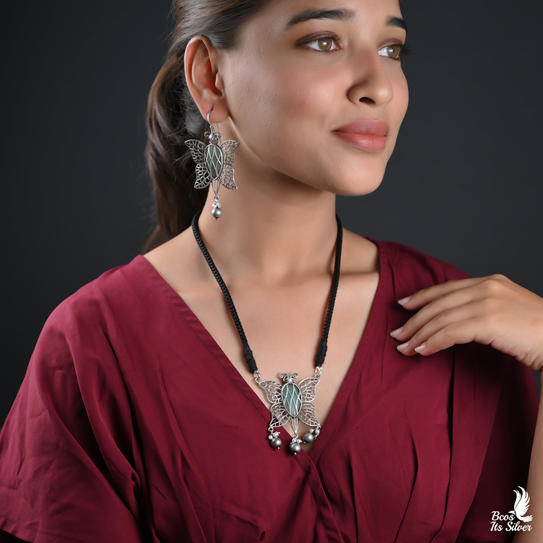 Oxidized Pendant with Earring  - 2744
