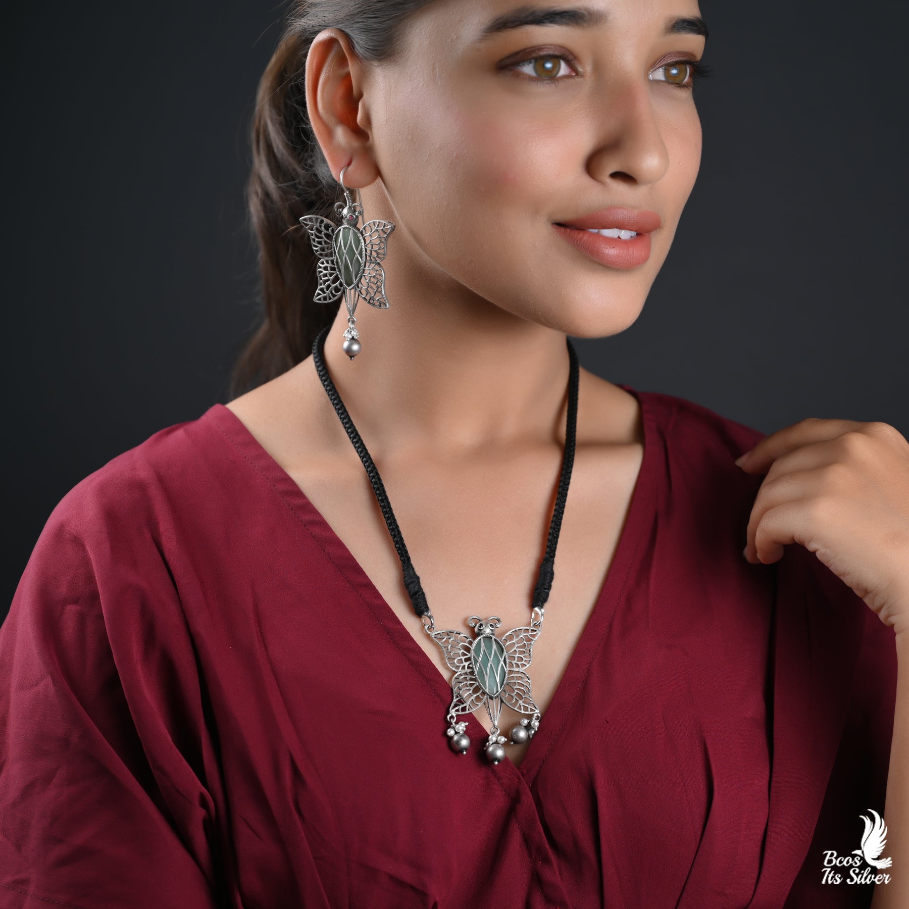 Oxidized Pendant with Earring  - 2744