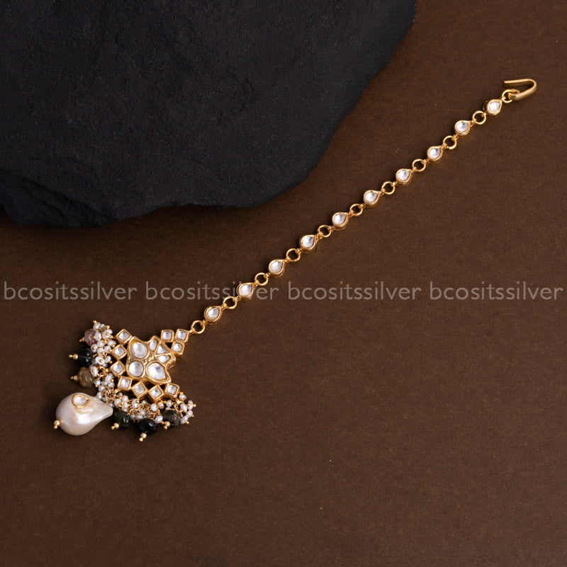 Handcrafted 925 Silver 22k Gold Plated Kundan Jadau Tikka — Bridal, 38g